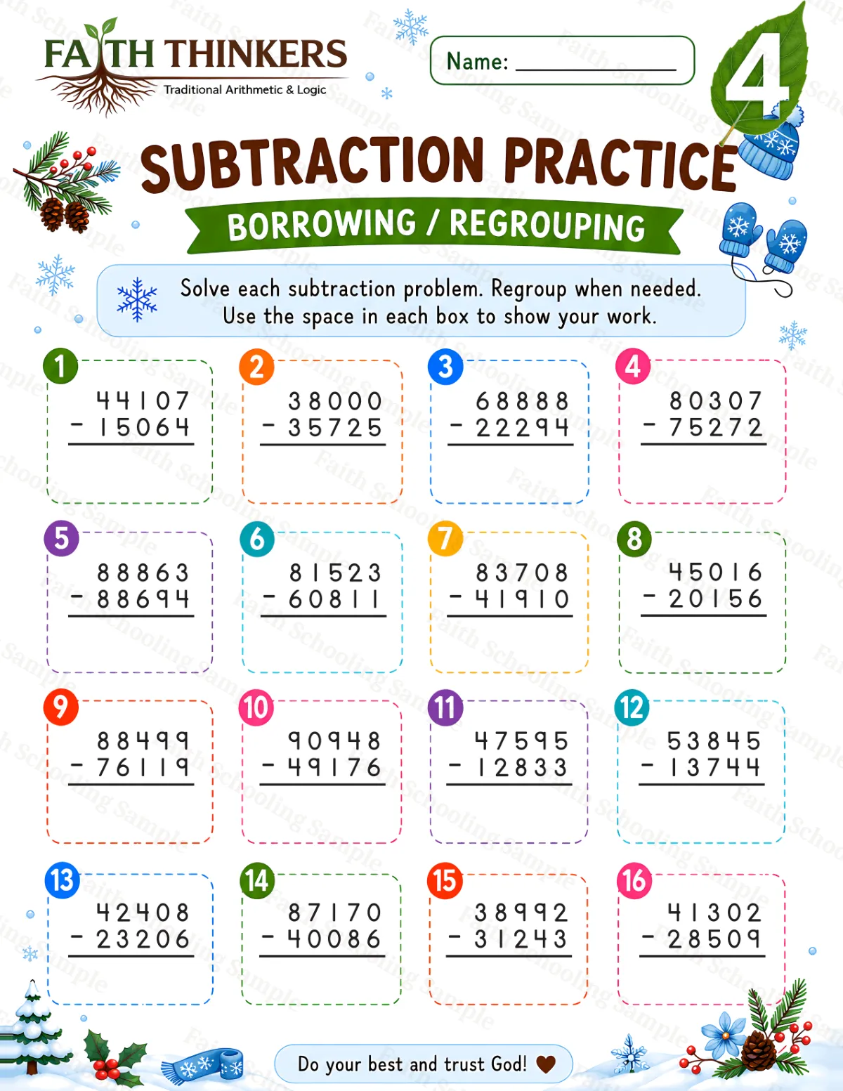 4th Grade math worksheet — Winter Subtraction Practice 3 (free printable)