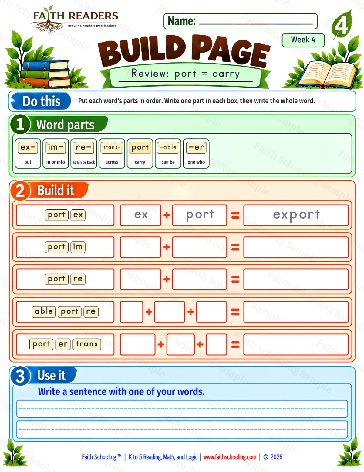 4th Grade phonics worksheet — Word Building & Unscramble. Build 2: Review, port = carry (free printable)