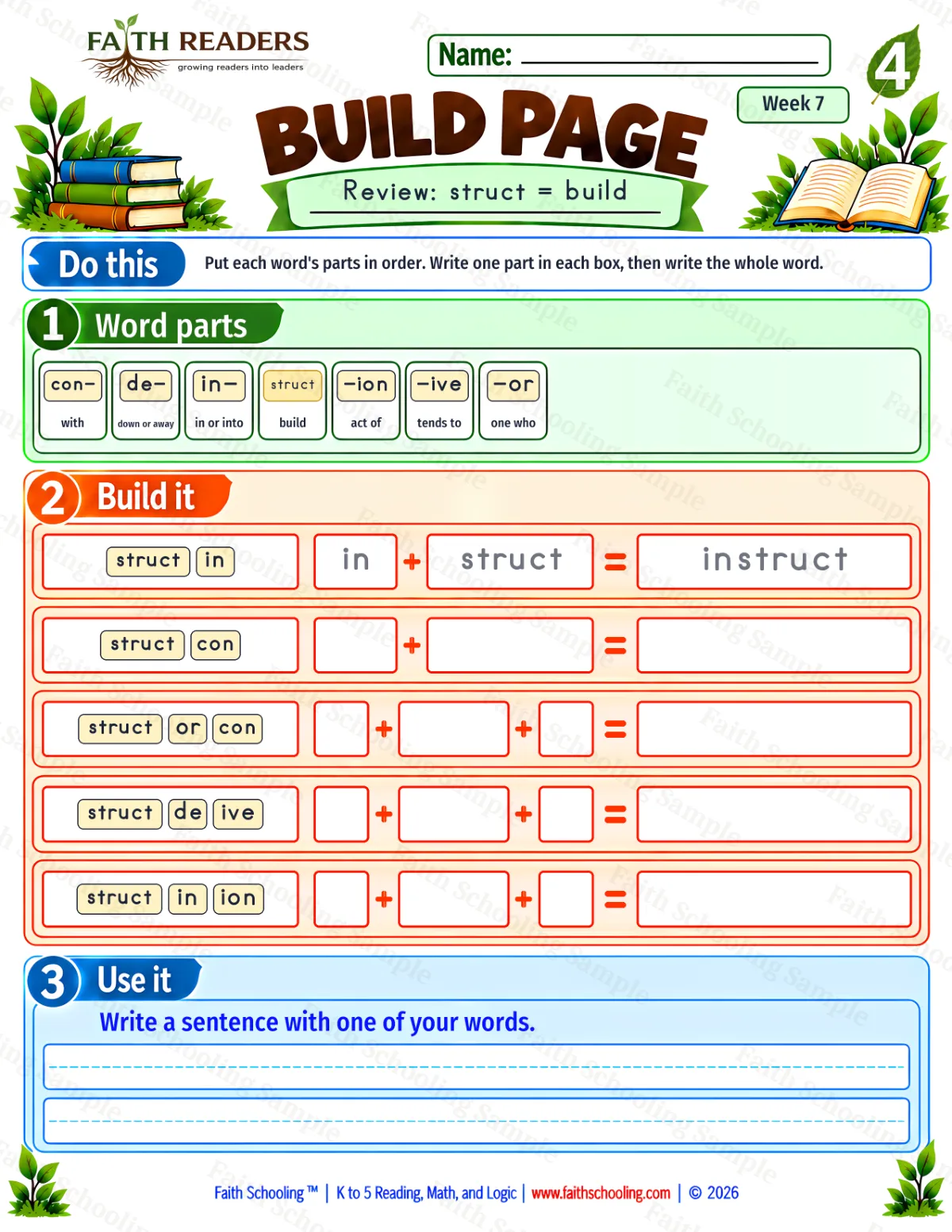 4th Grade phonics worksheet — Word Building & Unscramble. Build 3: Review, struct = build (free printable)