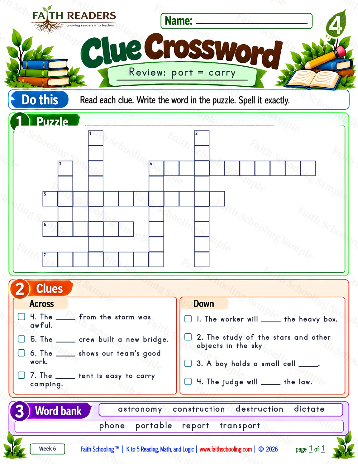 4th Grade phonics worksheet — Word Games & Puzzles. Clue Crossword 1: port = carry (free printable)