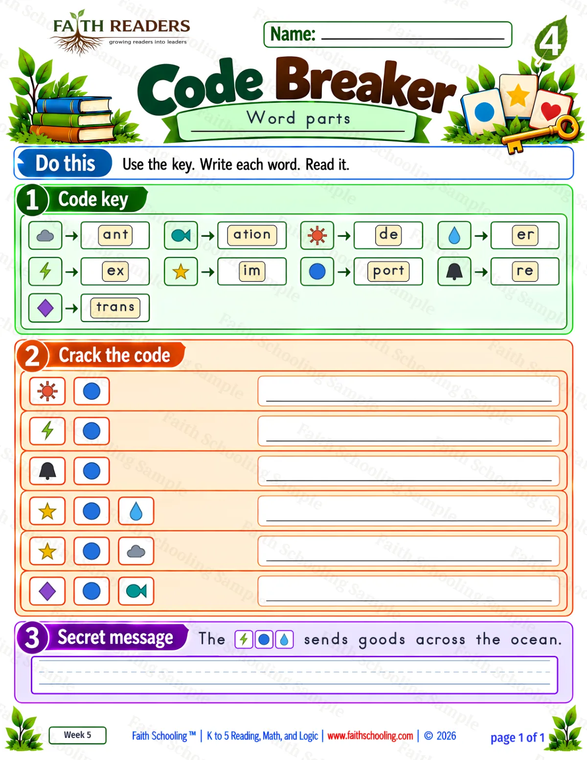 4th Grade phonics worksheet — Word Games & Puzzles. Code Breaker 2: deport, export, report and importer (free printable)