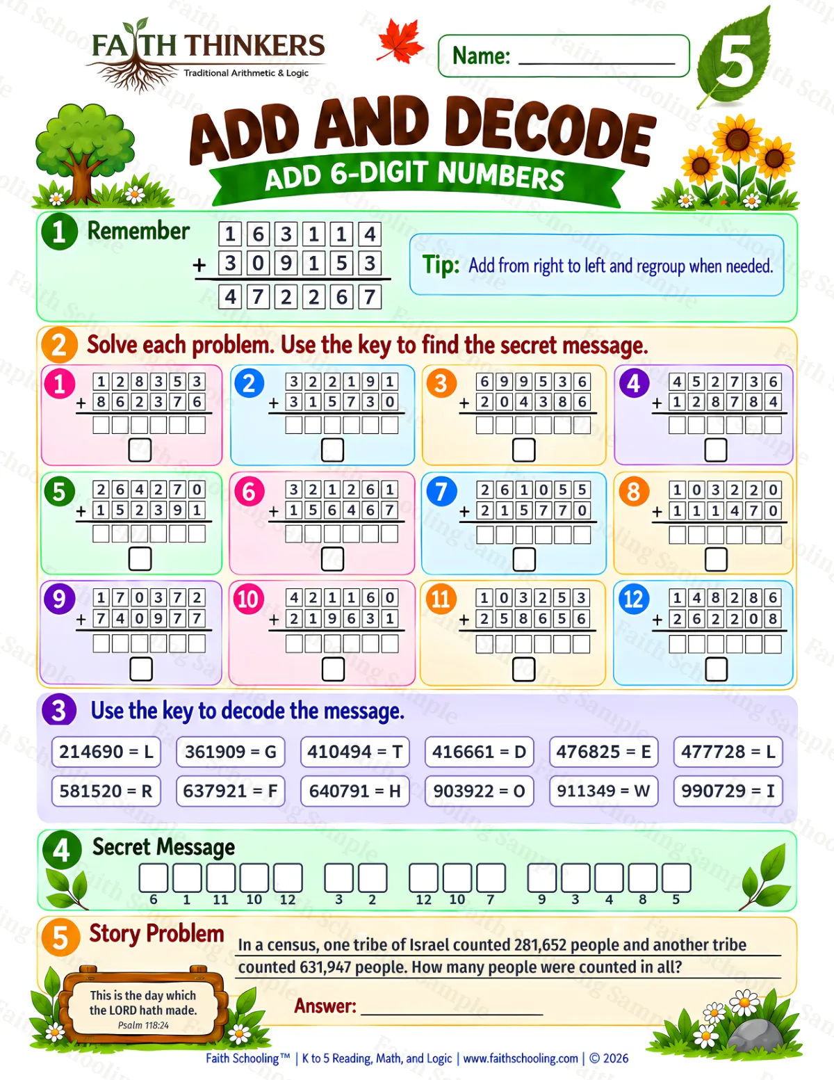 5th Grade math worksheet — Addition with Regrouping Practice 1 (free printable)