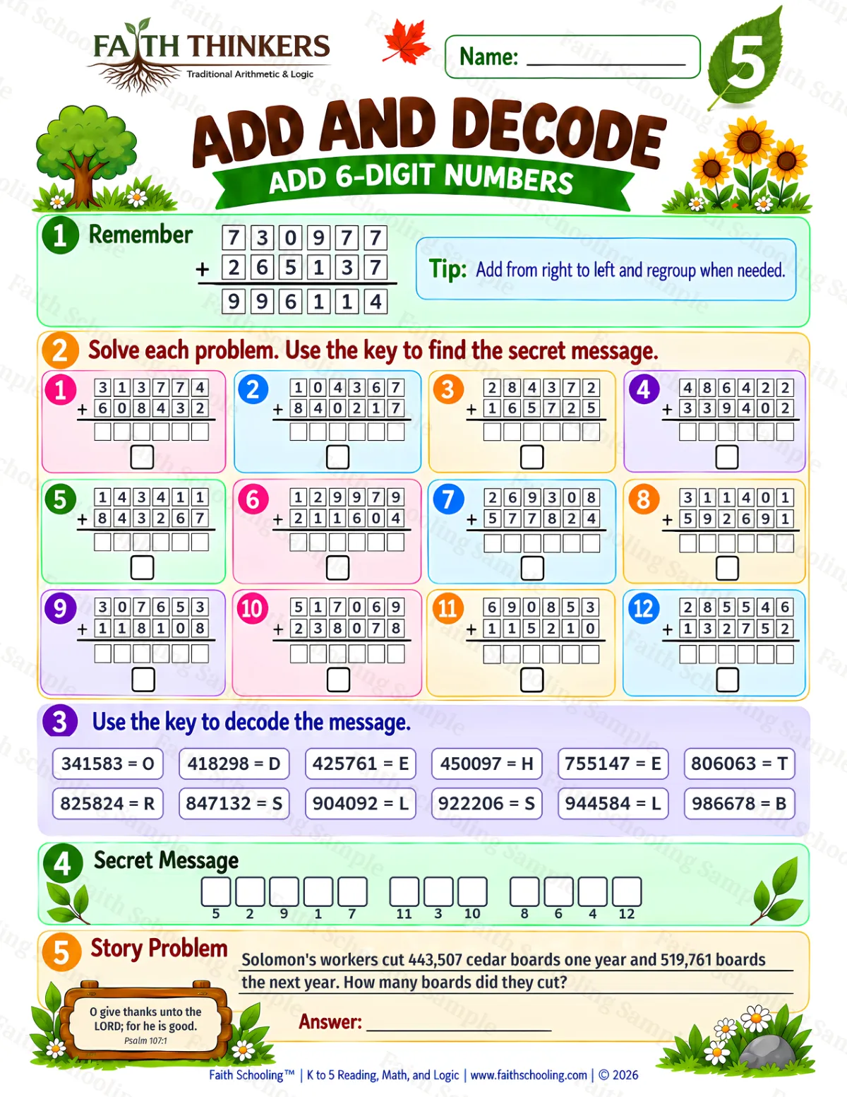 5th Grade math worksheet — Addition with Regrouping Practice 2 (free printable)