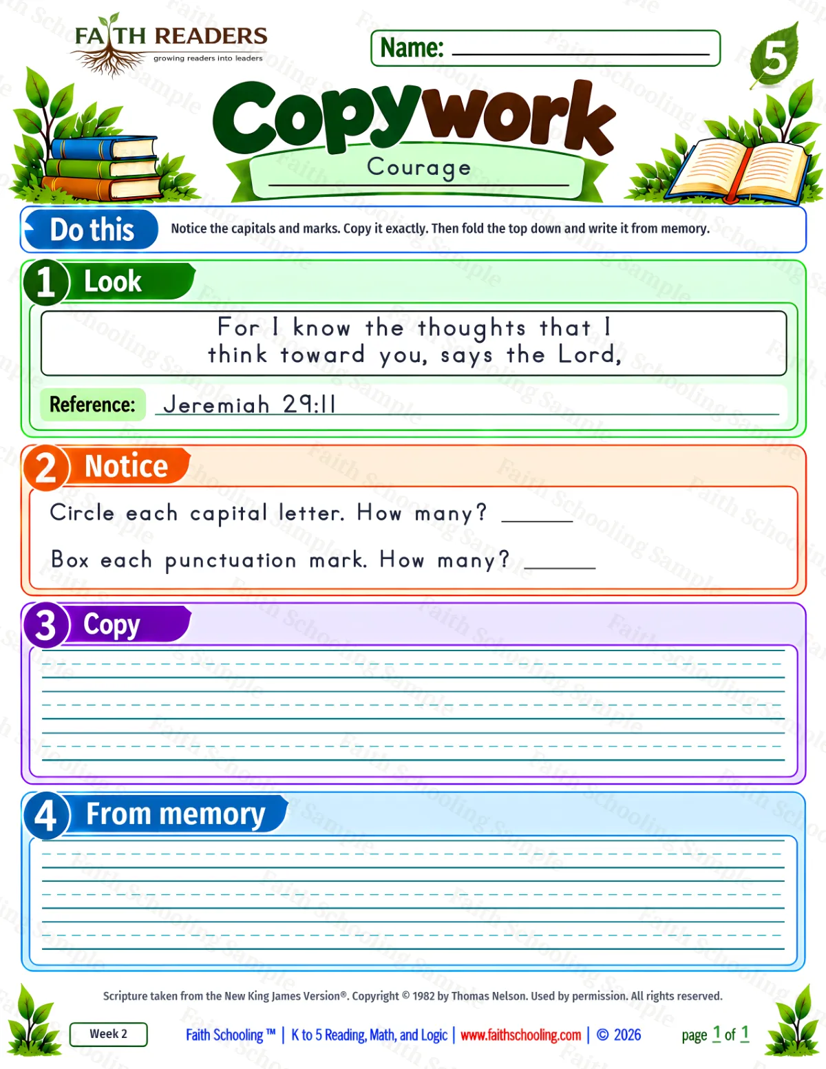 5th Grade grammar & writing worksheet — Copywork 1: Jeremiah 29:11 (Courage) (free printable)
