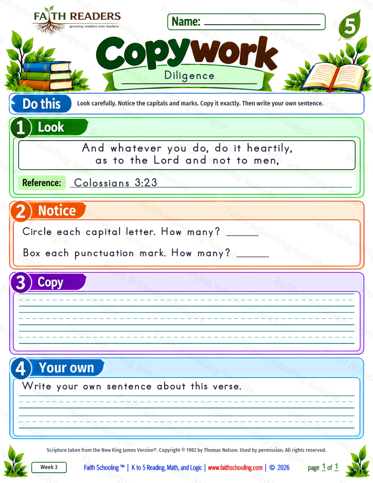 5th Grade grammar & writing worksheet — Copywork 2: Colossians 3:23 (Diligence) (free printable)