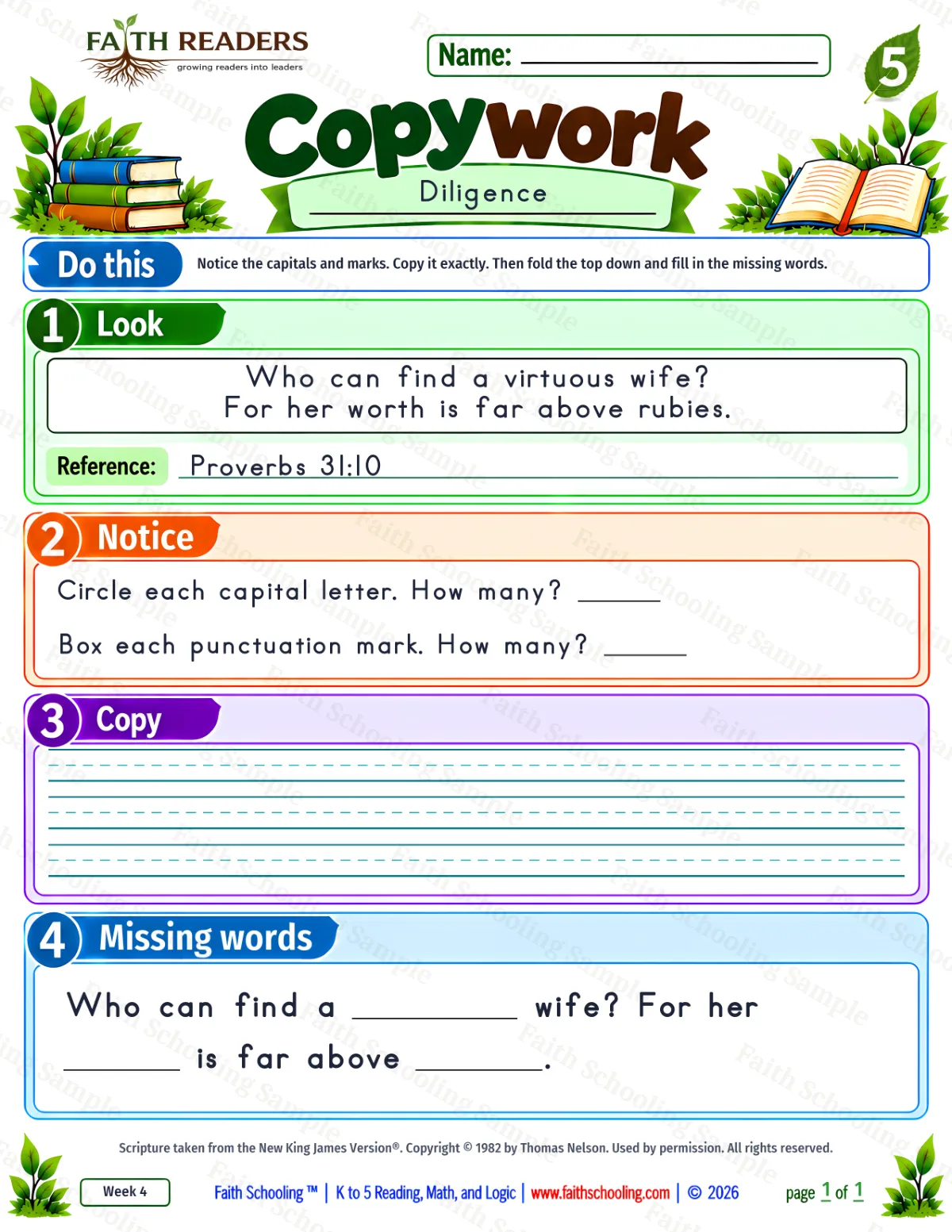 5th Grade grammar & writing worksheet — Copywork 3: Proverbs 31:10 (Diligence) (free printable)