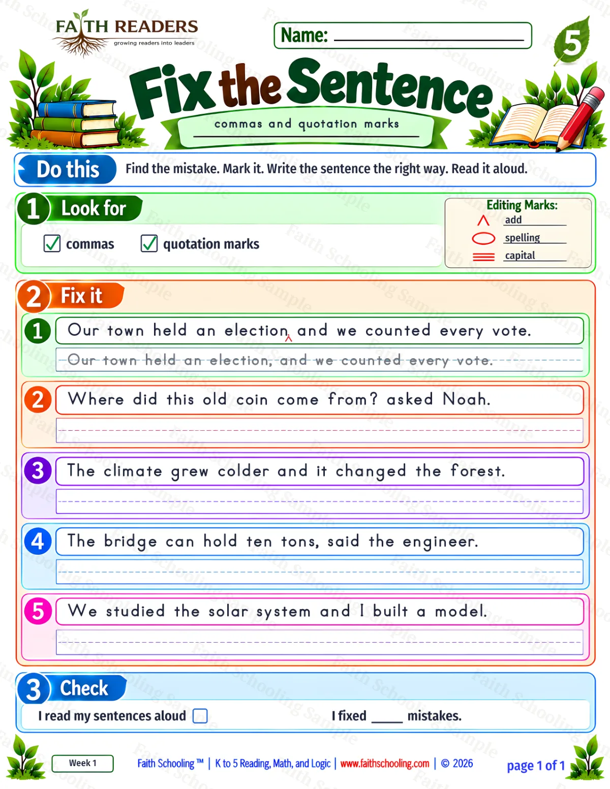 5th Grade grammar & writing worksheet — Capitalization and Punctuation. Fix The Sentence 1: commas and quotes (free printable)