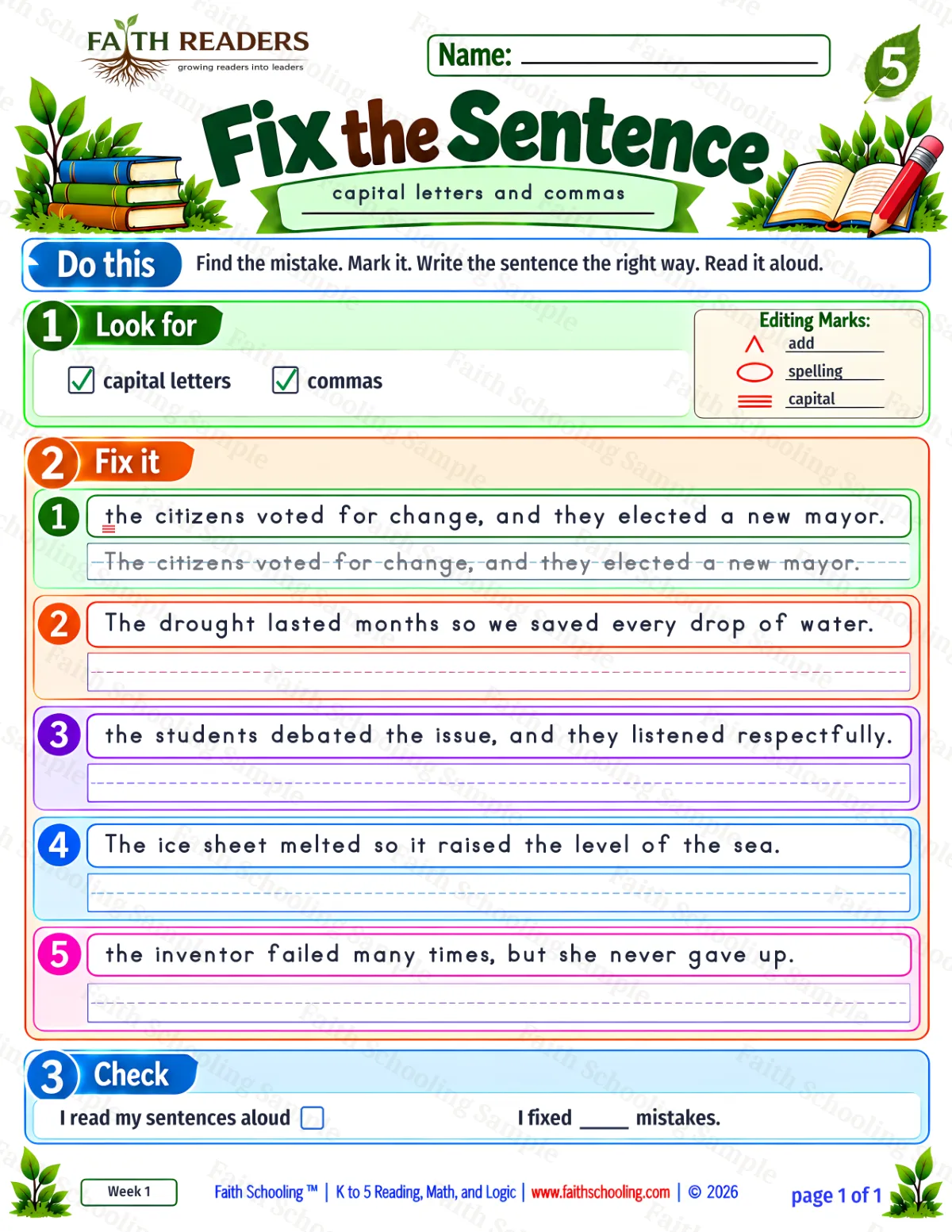 5th Grade grammar & writing worksheet — Capitalization and Punctuation. Fix The Sentence 2: capital letters and commas (free printable)