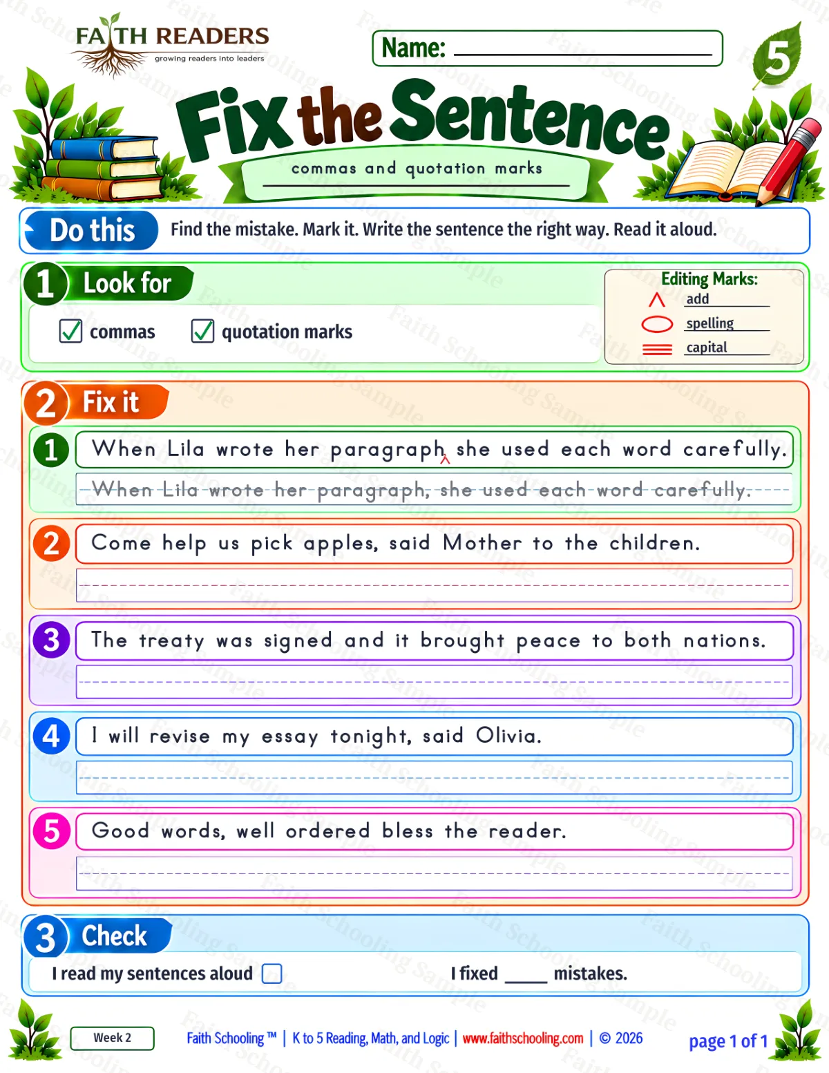 5th Grade grammar & writing worksheet — Capitalization and Punctuation. Fix The Sentence 3: commas and quotes (free printable)