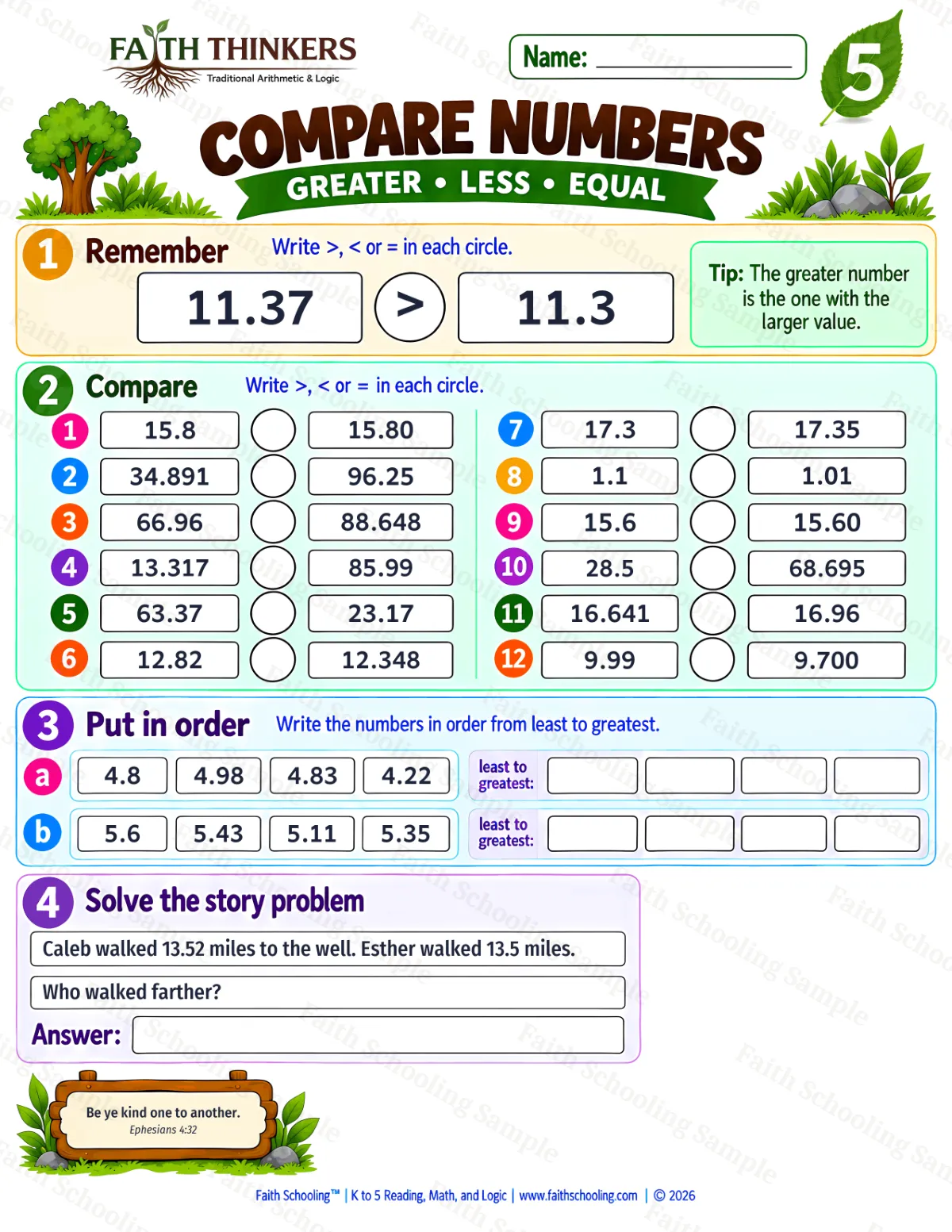 5th Grade math worksheet — Compare Numbers Practice 2 (free printable)