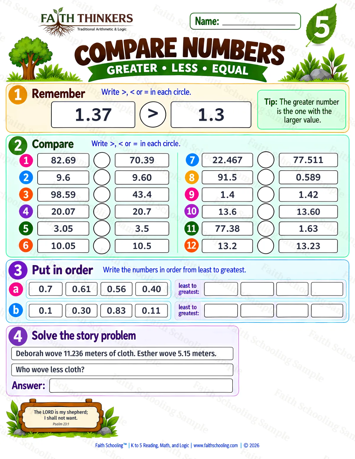 5th Grade math worksheet — Compare Numbers Practice 3 (free printable)