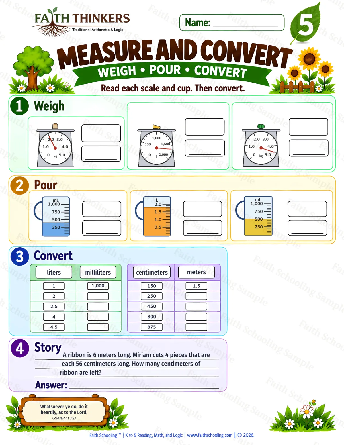5th Grade math worksheet — Converting Units Practice 1 (free printable)