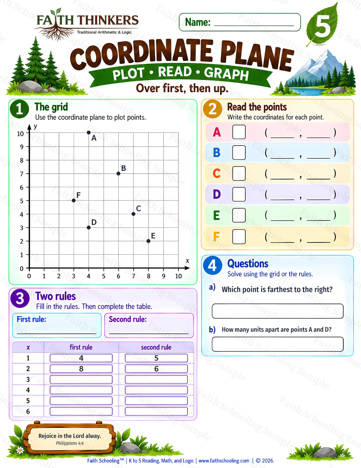 5th Grade math worksheet — Coordinate Plane Practice 1 (free printable)