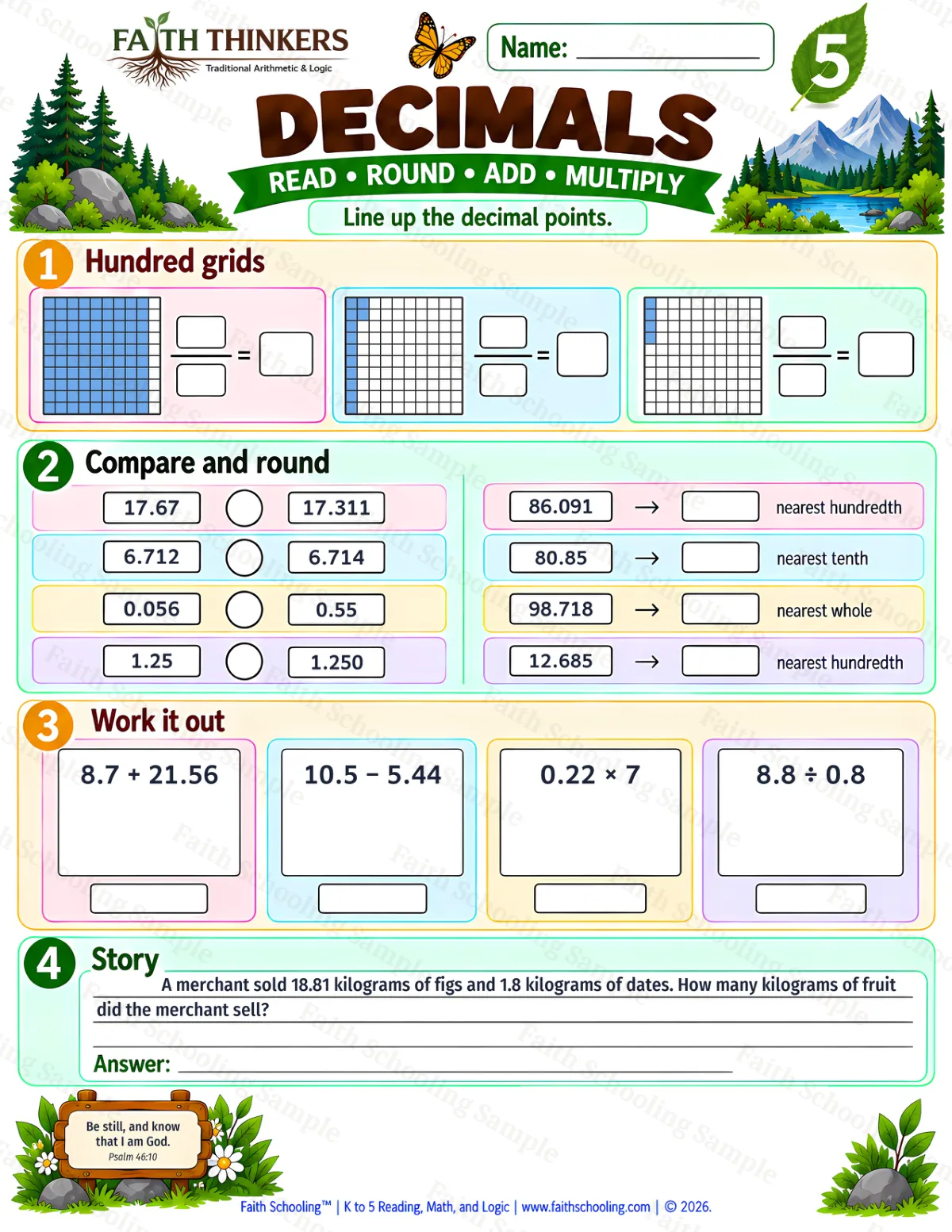 5th Grade math worksheet — Decimals Practice 1 (free printable)