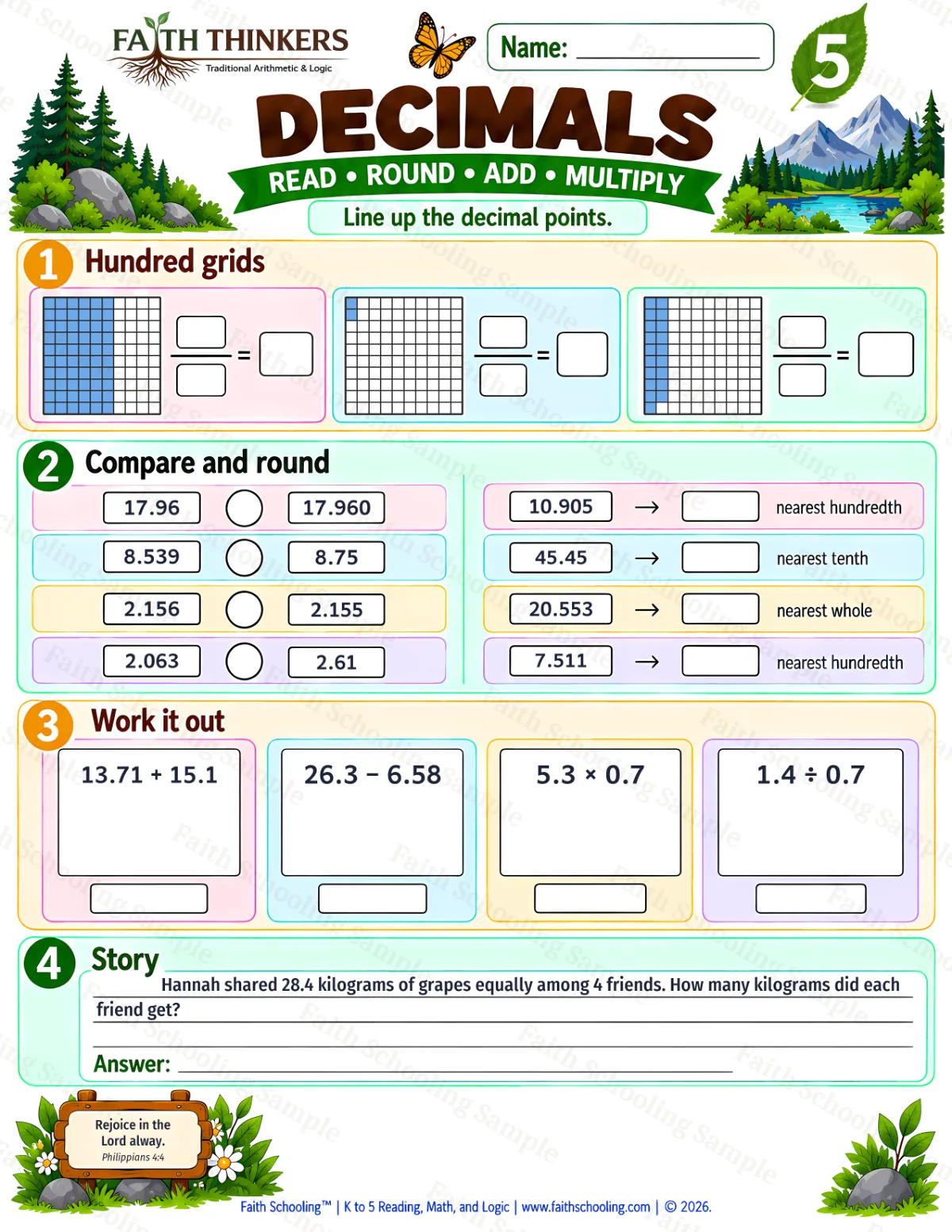 5th Grade math worksheet — Decimals Practice 2 (free printable)