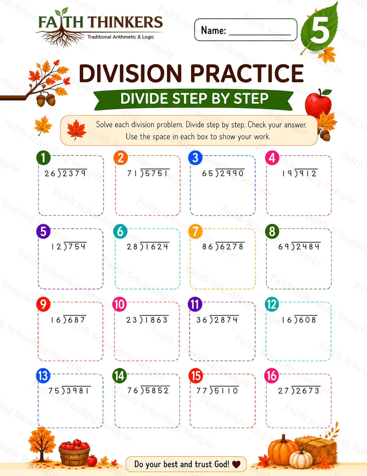 5th Grade math worksheet — Fall Division Practice 3 (free printable)