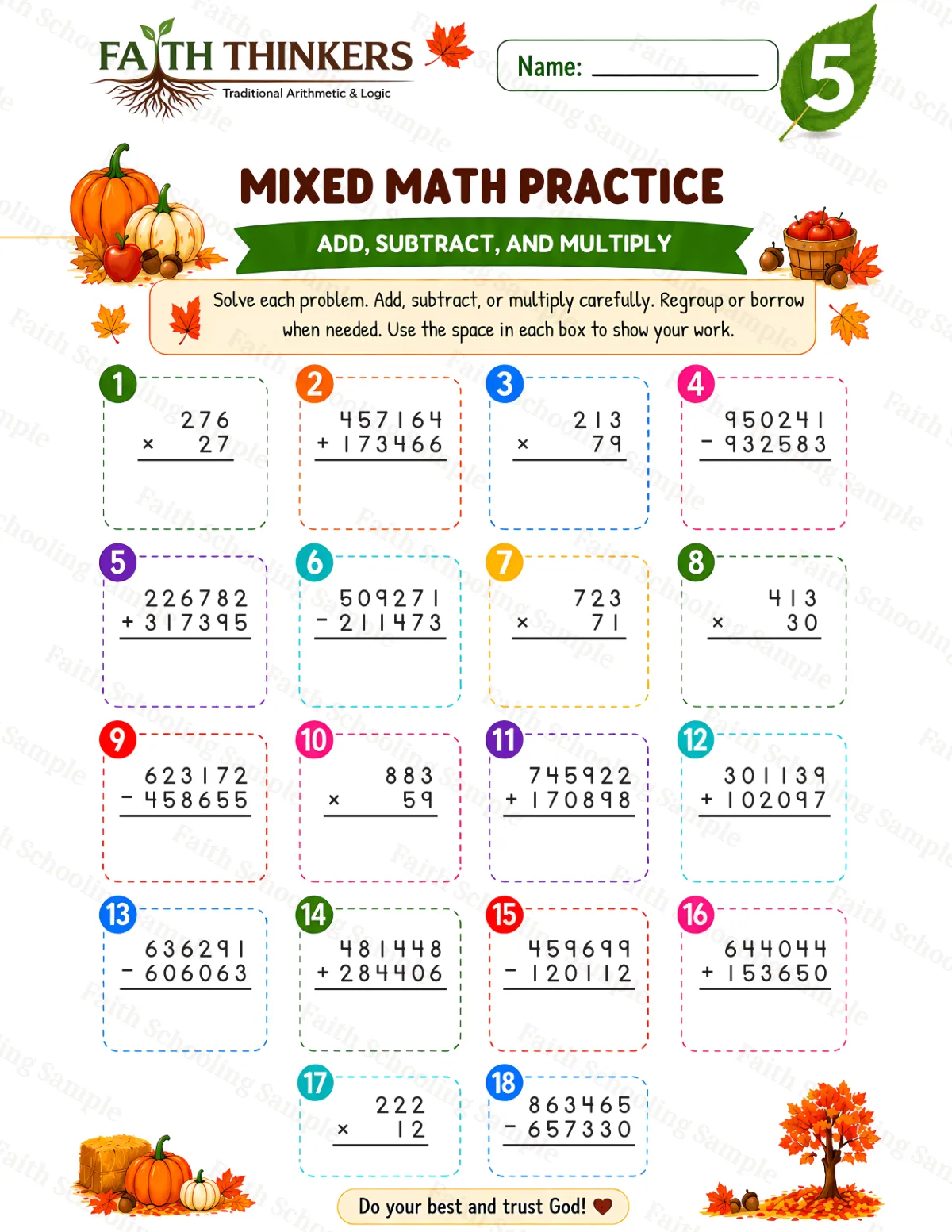5th Grade math worksheet — Fall Mixed Practice 1 (free printable)