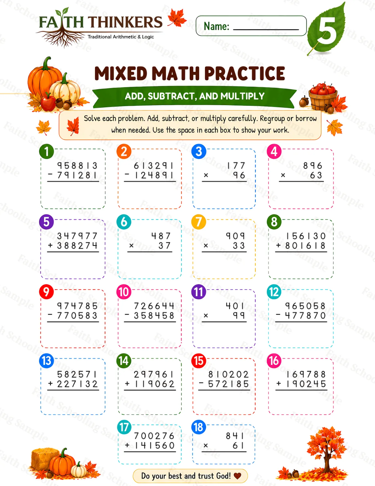 5th Grade math worksheet — Fall Mixed Practice 3 (free printable)