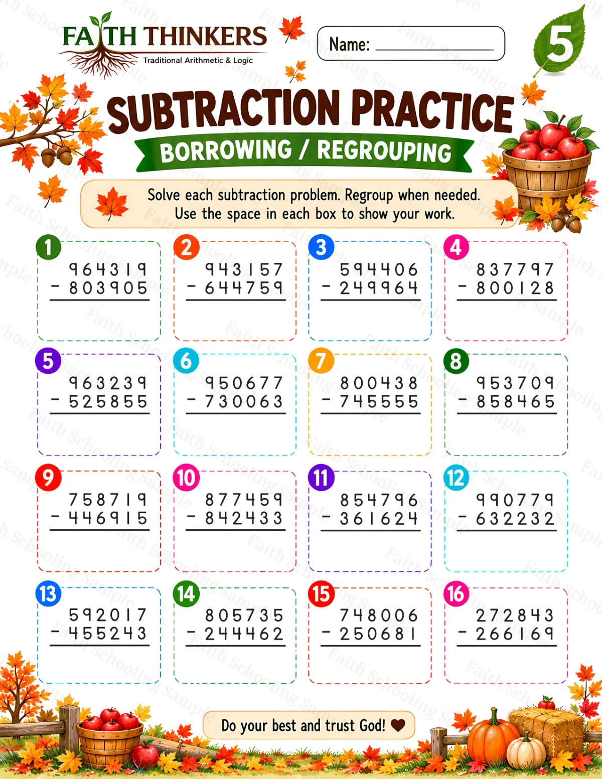 5th Grade math worksheet — Fall Subtraction Practice 1 (free printable)