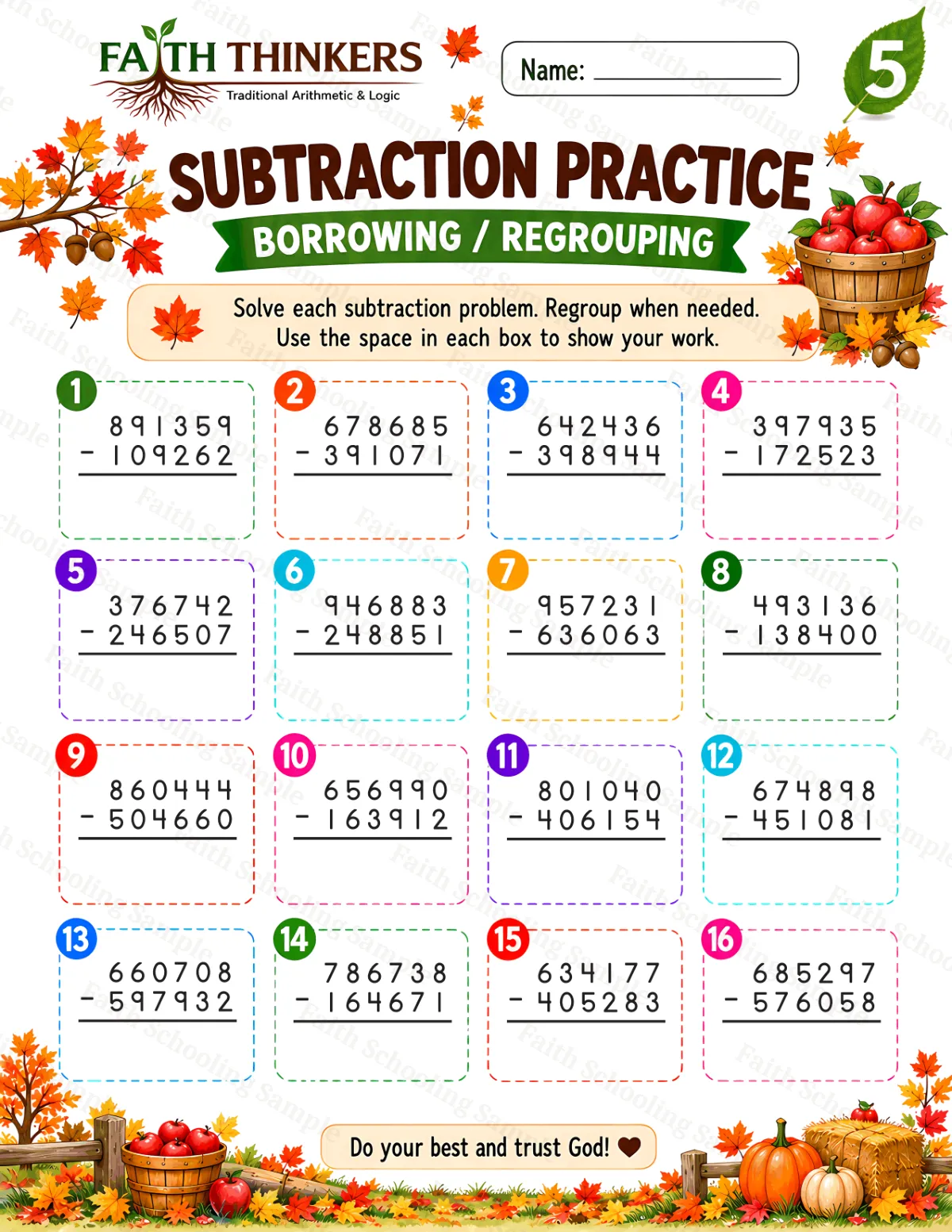 5th Grade math worksheet — Fall Subtraction Practice 2 (free printable)