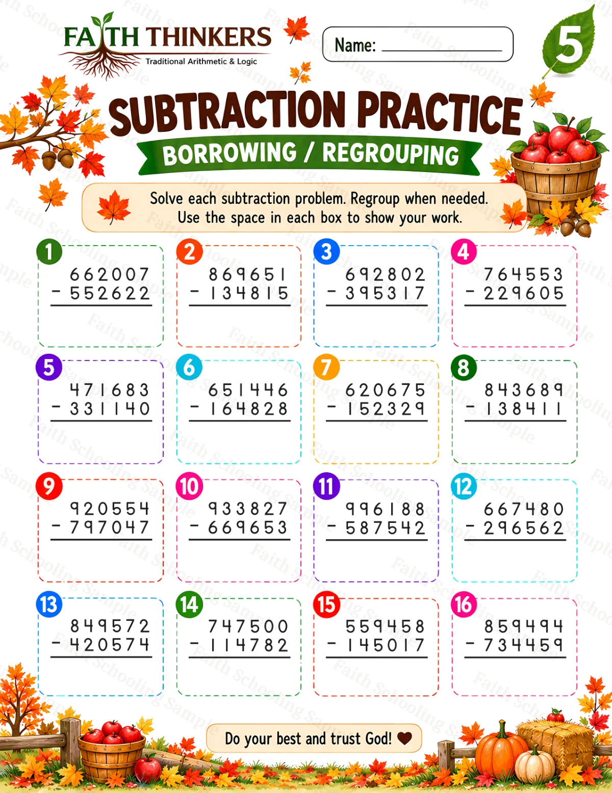 5th Grade math worksheet — Fall Subtraction Practice 3 (free printable)