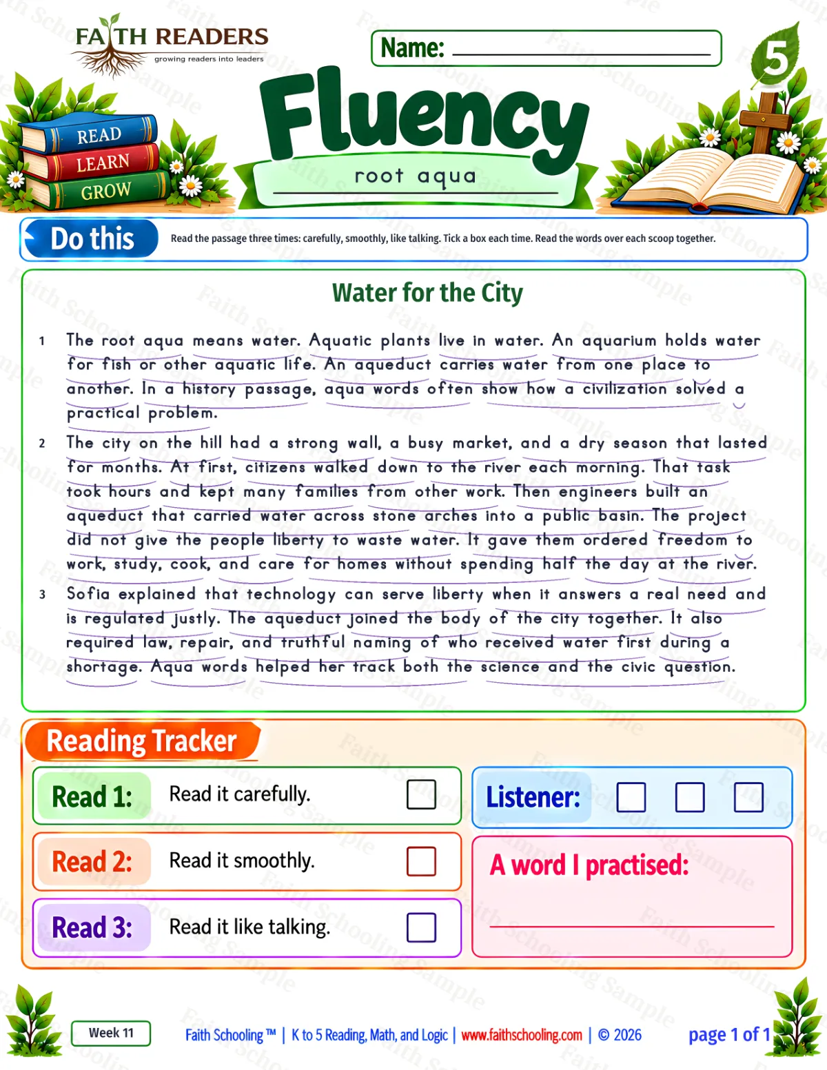 5th Grade vocabulary & word study worksheet — Fluency 1: The root aqua means water. (free printable)