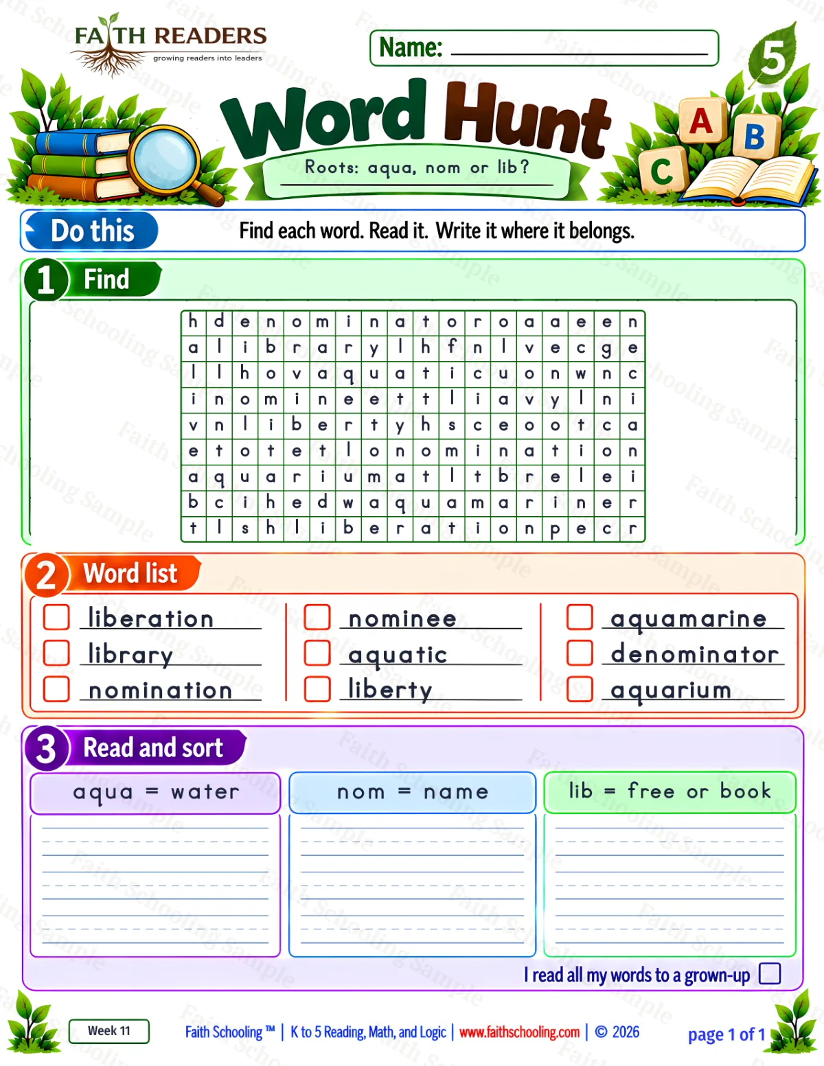 5th Grade vocabulary & word study worksheet — Latin Root: aqua = water. Word Hunt 1: aqua, nomen and lib (free printable)