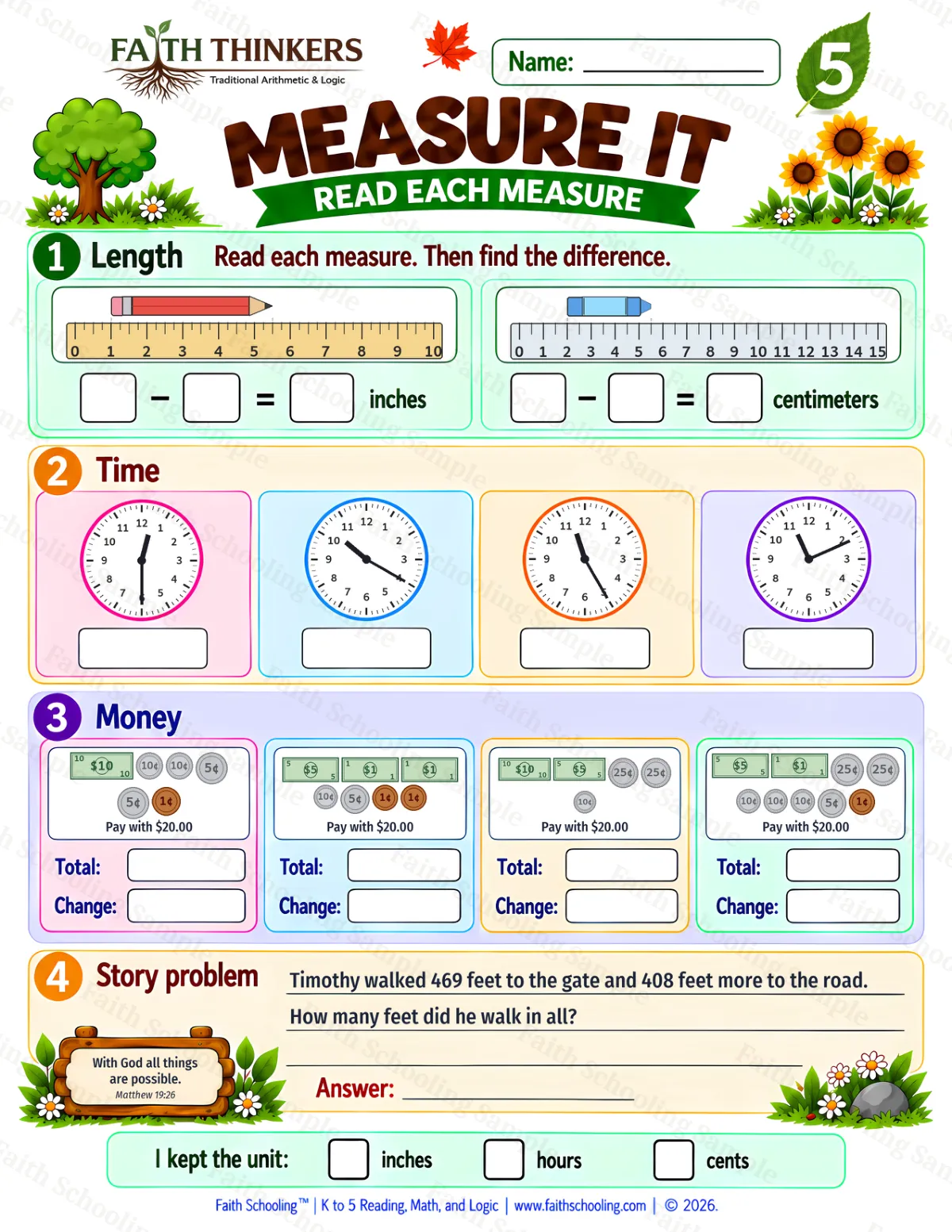 5th Grade math worksheet — Measurement Practice 1 (free printable)
