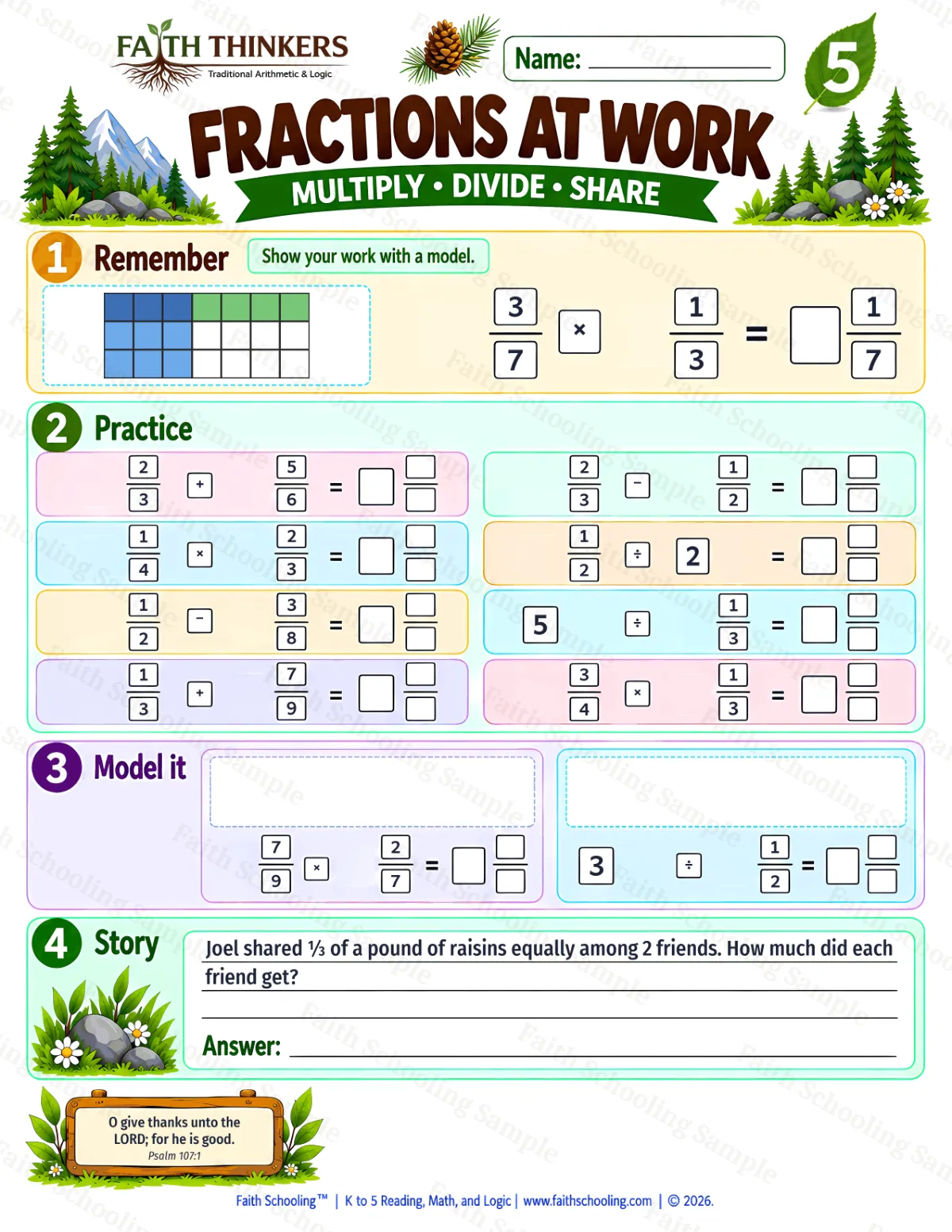 5th Grade math worksheet — Multiplying Fractions Practice 1 (free printable)