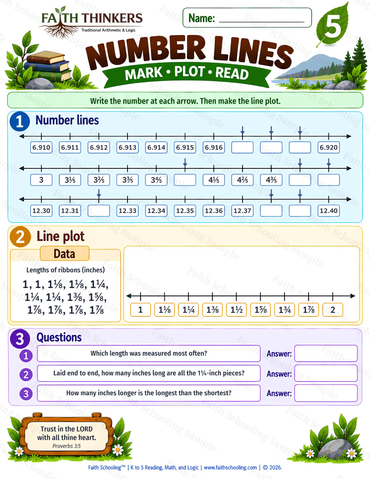 5th Grade math worksheet — Number Lines Practice 2 (free printable)