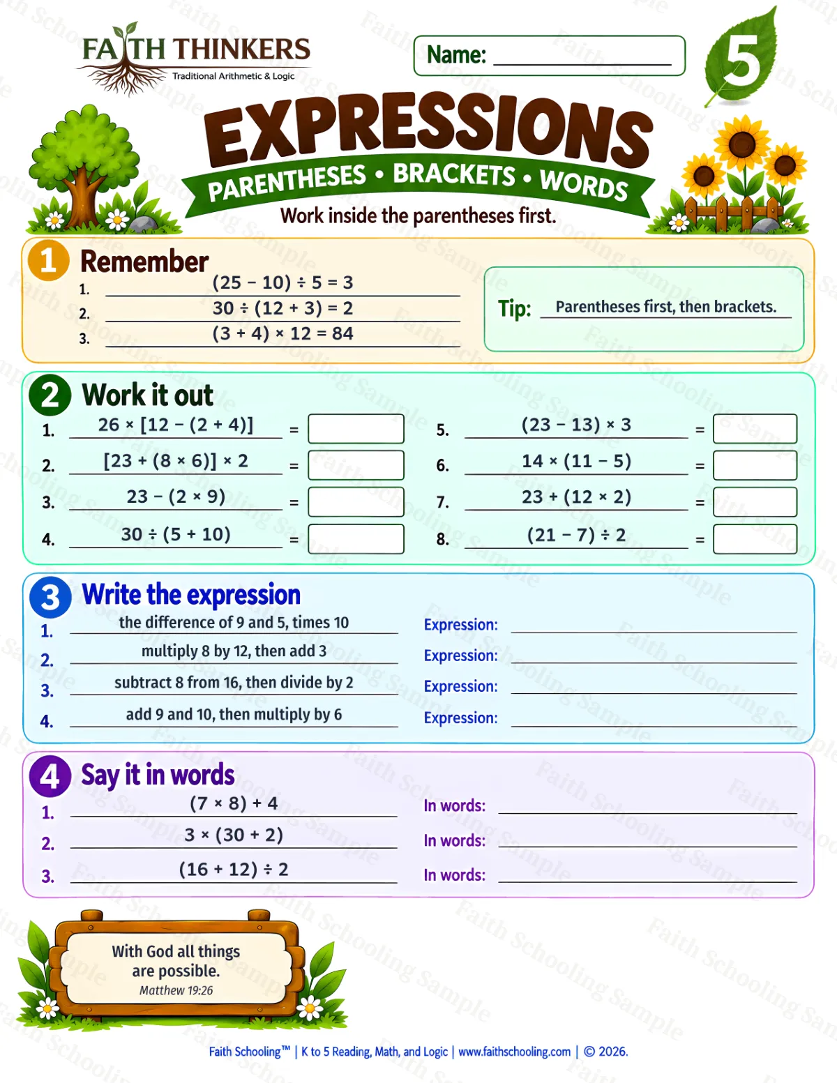 5th Grade math worksheet — Order of Operations Practice 3 (free printable)