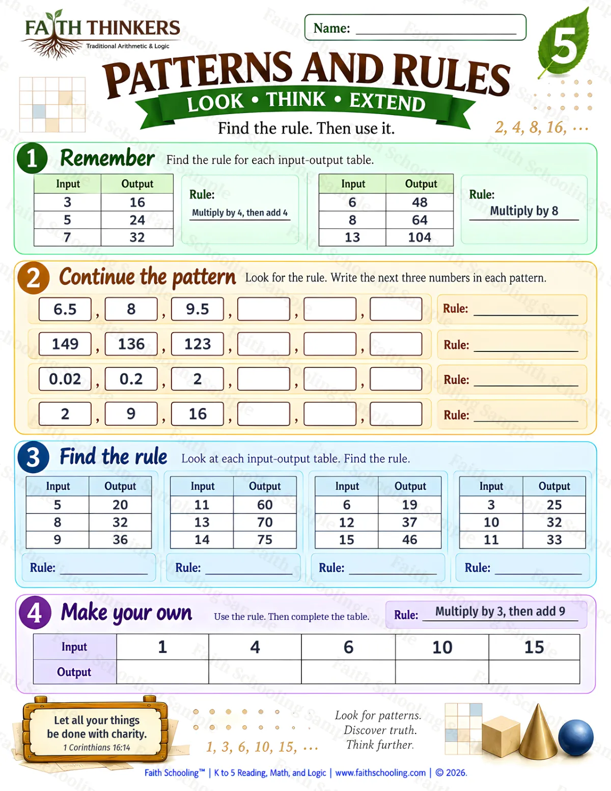 5th Grade math worksheet — Patterns and Early Algebra Practice 1 (free printable)