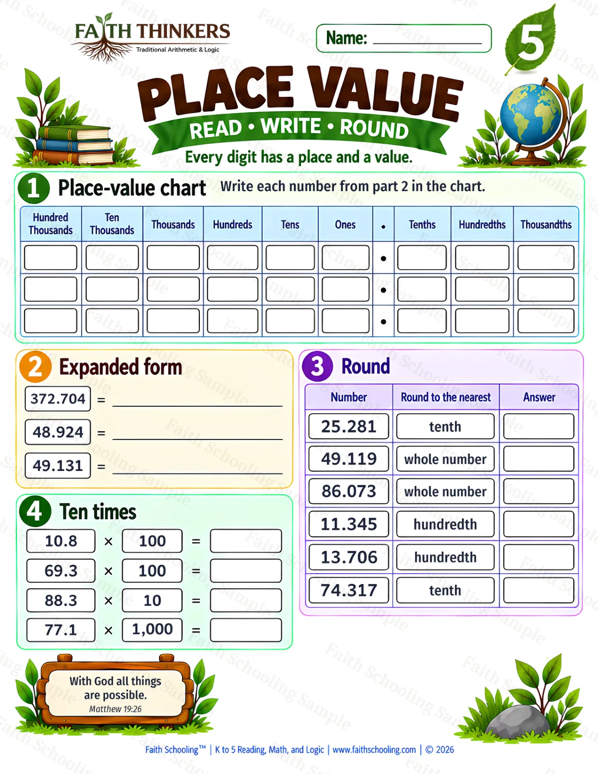 5th Grade math worksheet — Place Value Practice 1 (free printable)