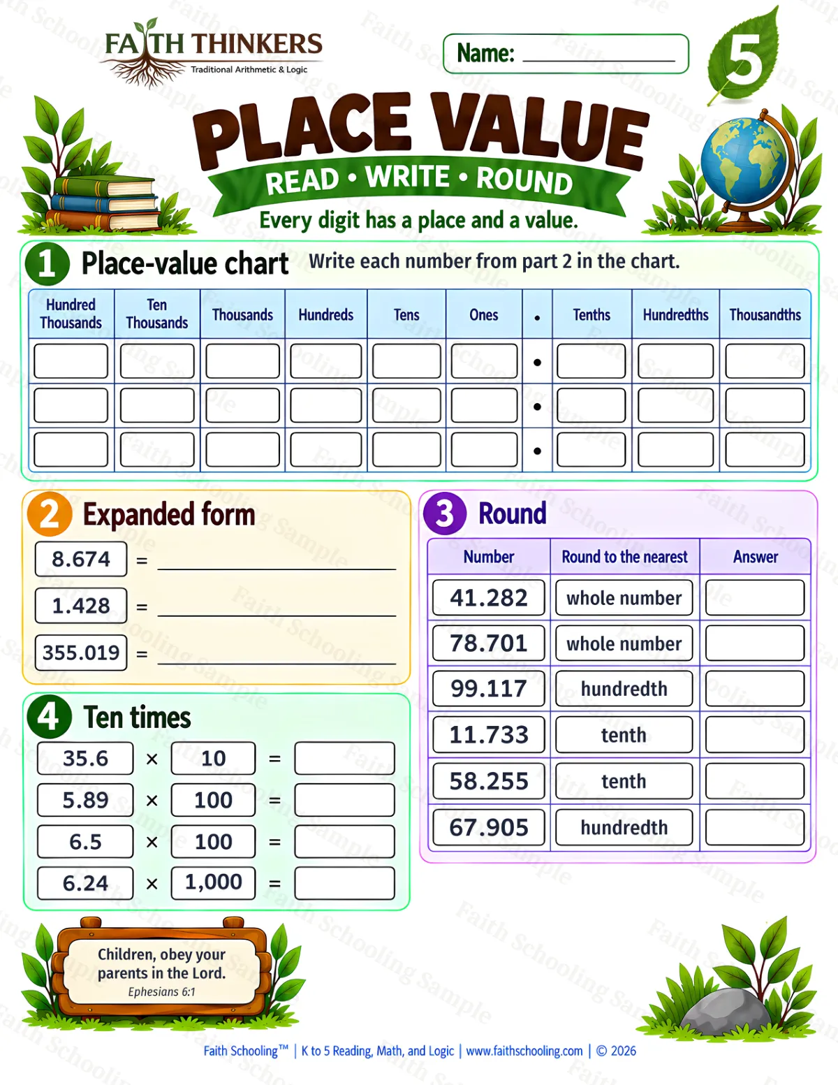 5th Grade math worksheet — Place Value Practice 2 (free printable)