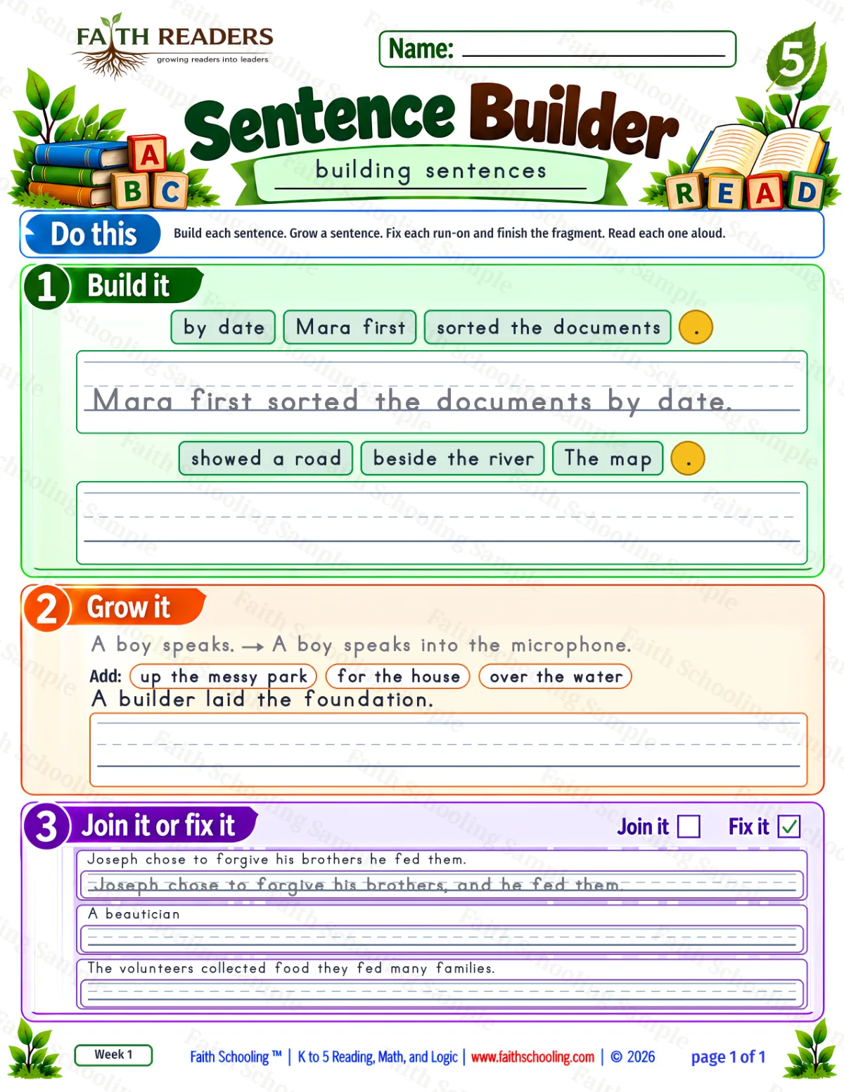 5th Grade grammar & writing worksheet — Sentence Building. Sentence Builder 1: Mara first sorted the documents by date. (free printable)