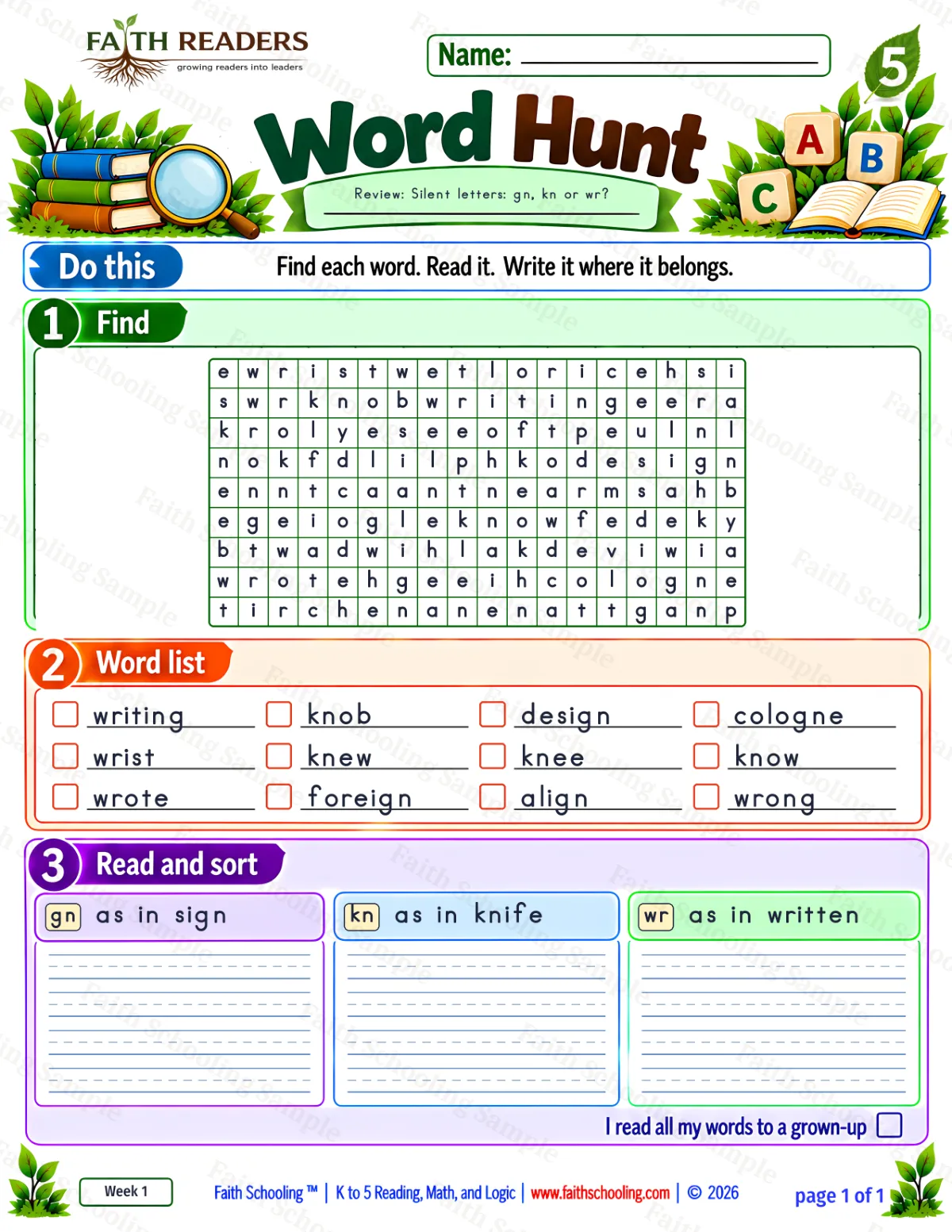 5th Grade phonics worksheet — Word Hunt 1: Silent Letters — gn, kn, wr (free printable)