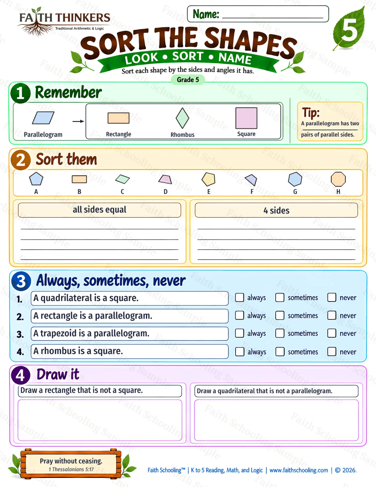 5th Grade math worksheet — Sort The Shapes Practice 1 (free printable)