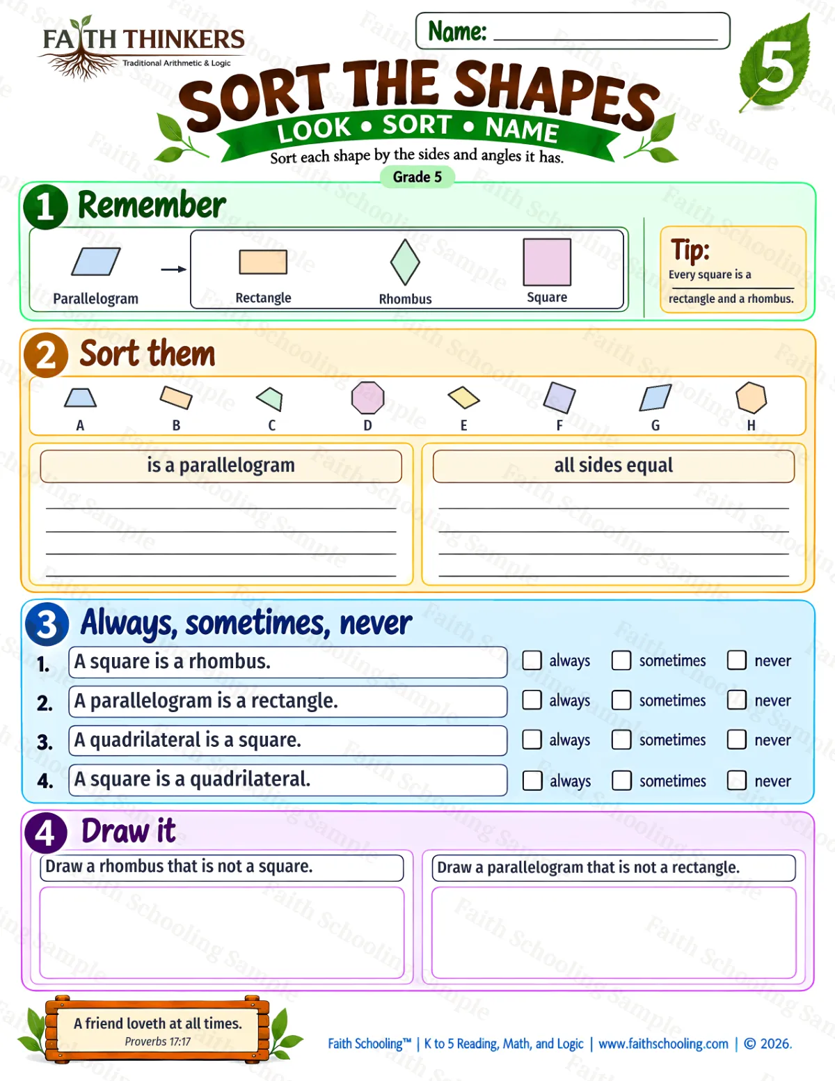 5th Grade math worksheet — Sort The Shapes Practice 2 (free printable)
