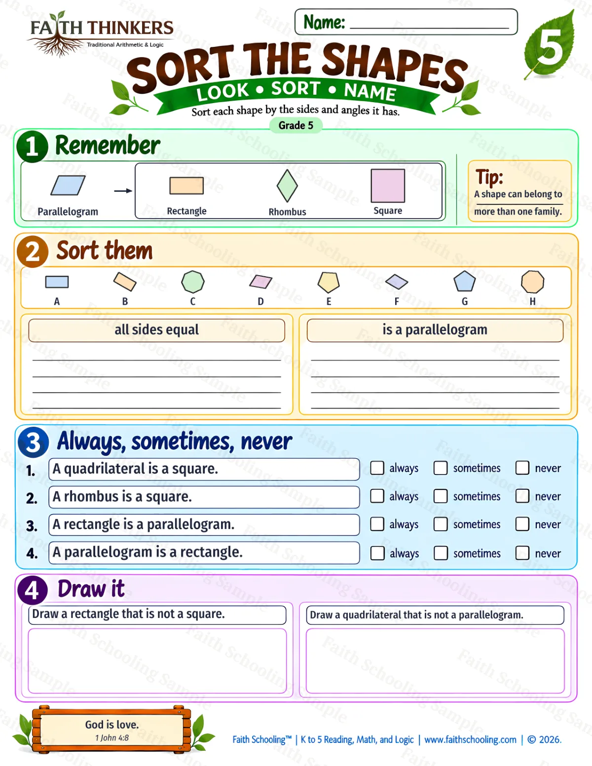 5th Grade math worksheet — Sort The Shapes Practice 3 (free printable)
