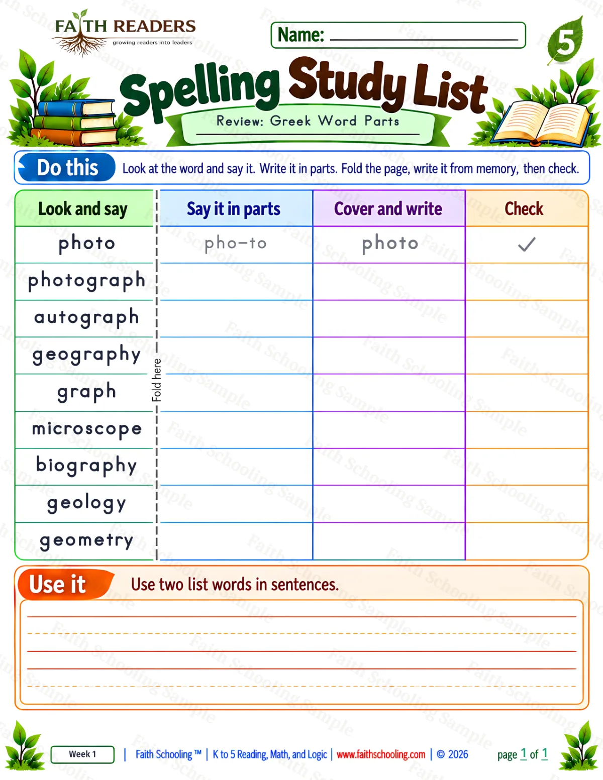5th Grade phonics worksheet — Spelling Study List 1: Greek Word Parts (free printable)