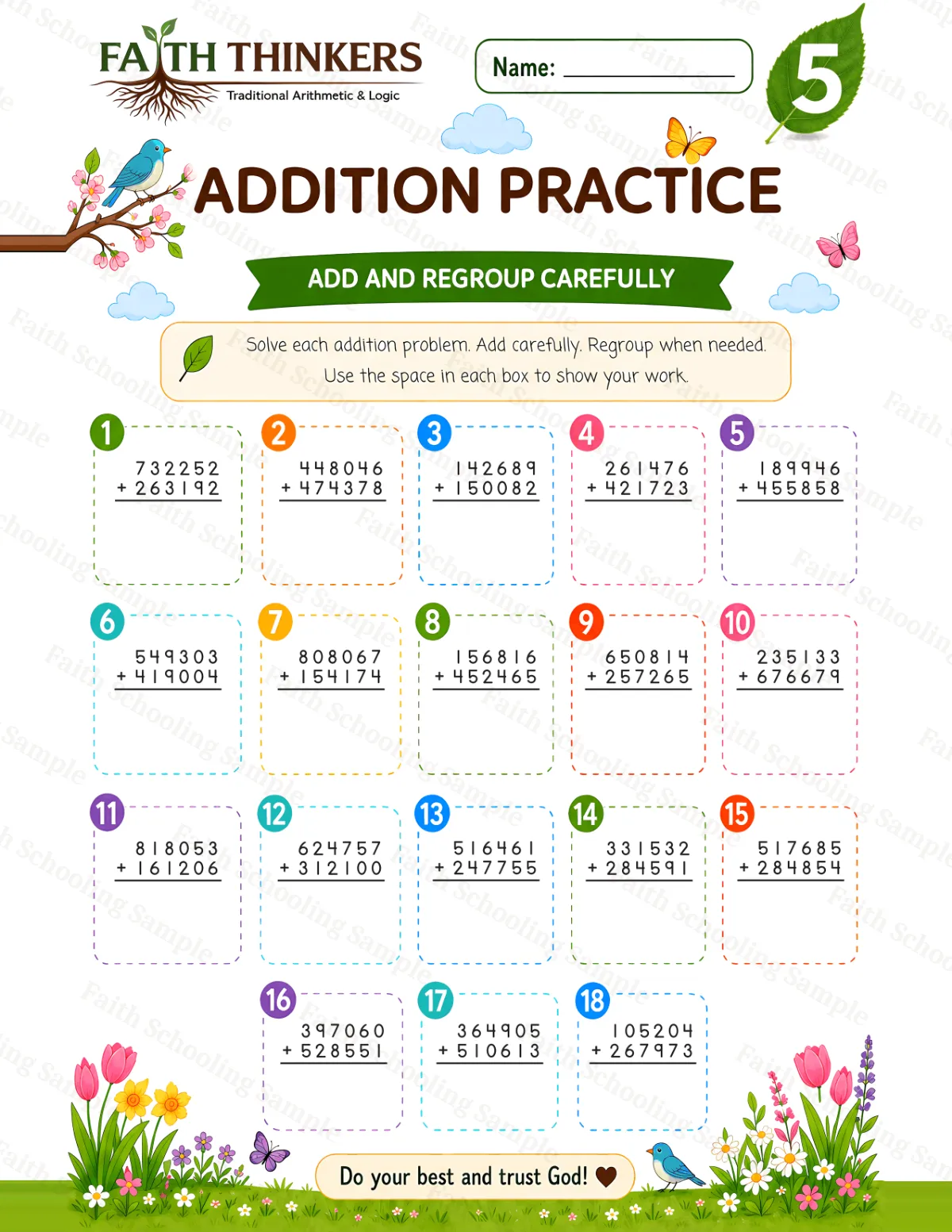 5th Grade math worksheet — Spring Addition Practice 2 (free printable)