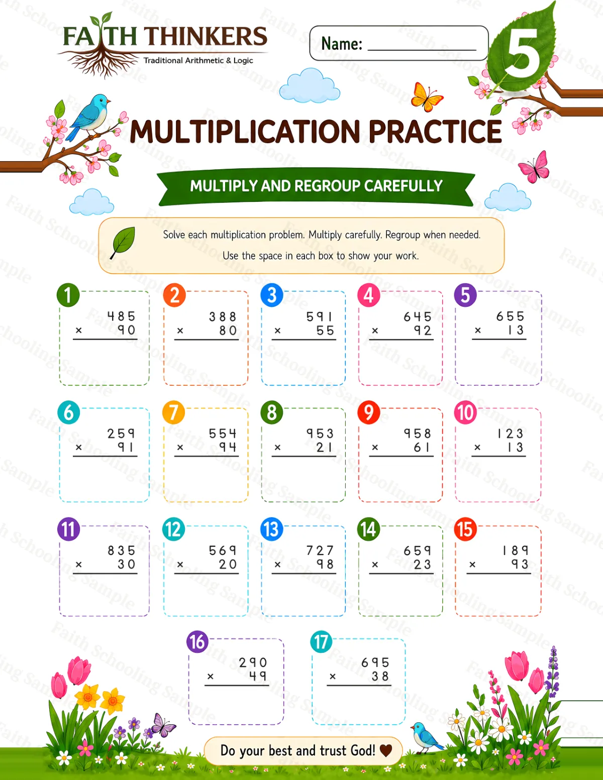 5th Grade math worksheet — Spring Multiplication Practice 2 (free printable)