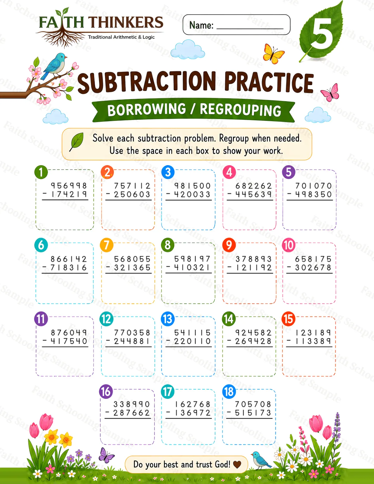 5th Grade math worksheet — Spring Subtraction Practice 3 (free printable)