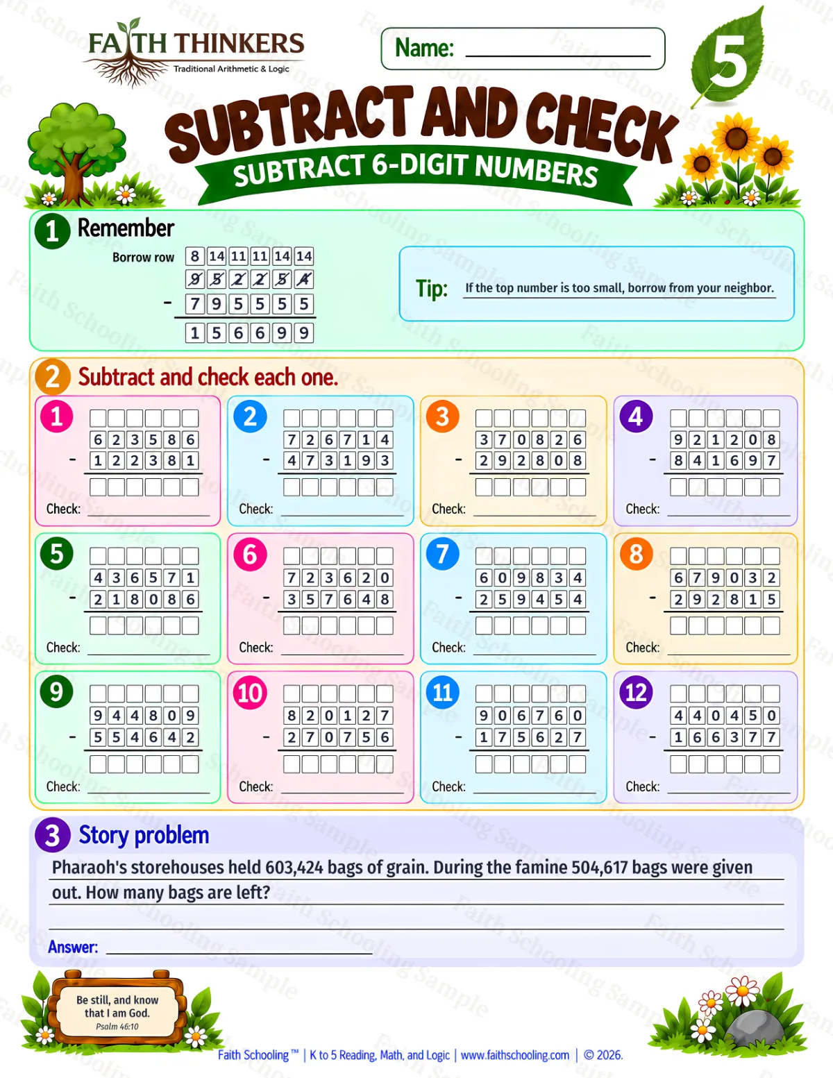 5th Grade math worksheet — Subtraction with Regrouping Practice 1 (free printable)