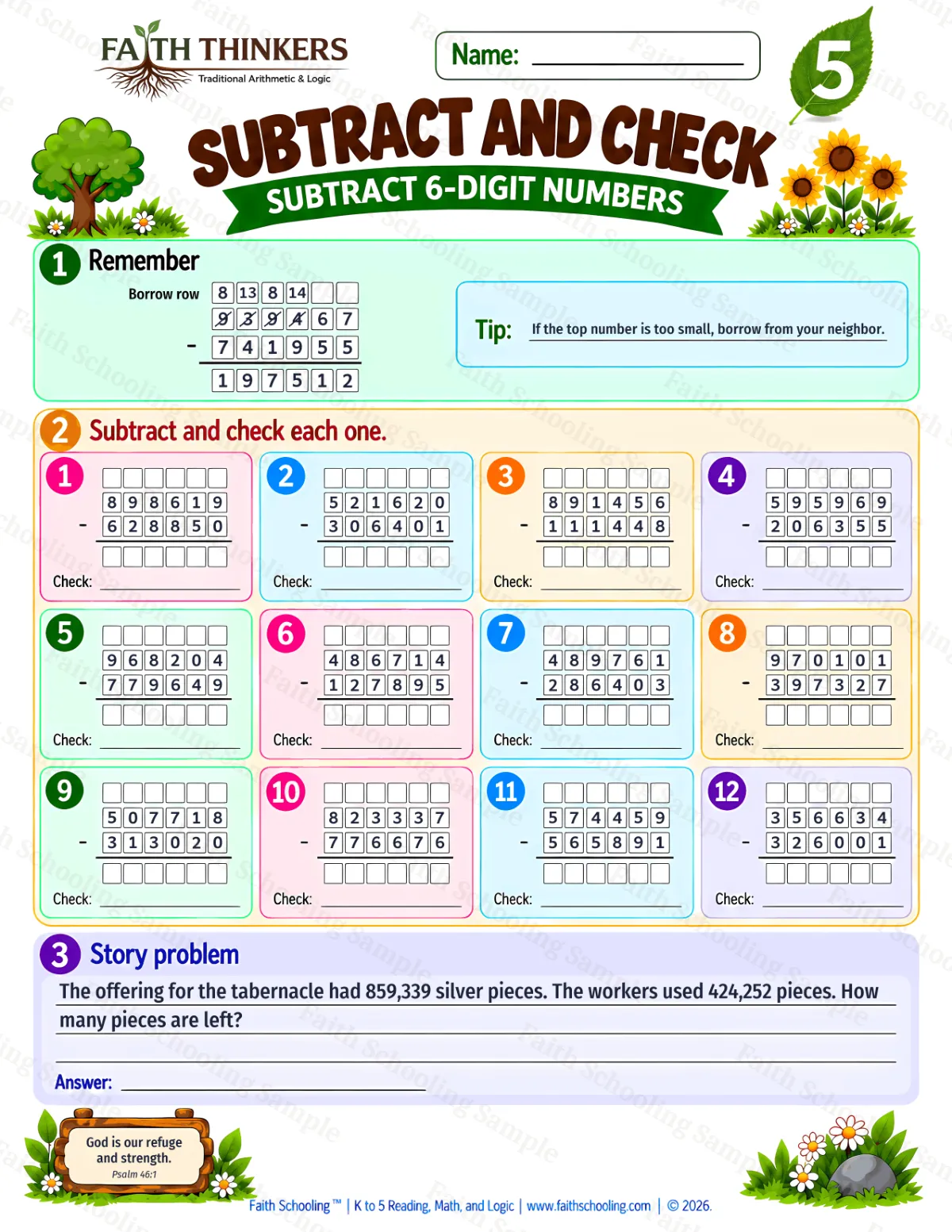 5th Grade math worksheet — Subtraction with Regrouping Practice 2 (free printable)
