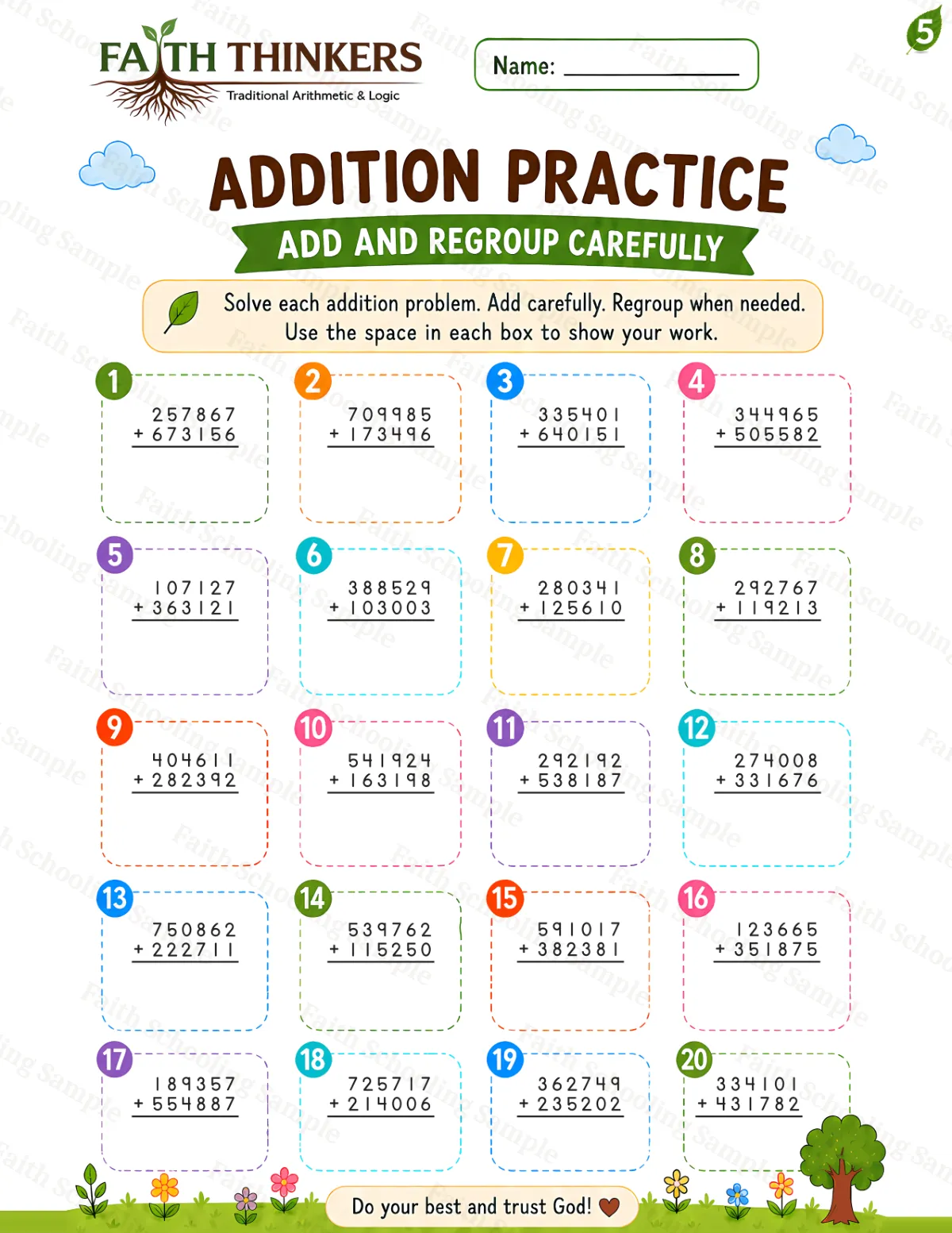 5th Grade math worksheet — Summer Addition Practice 1 (free printable)