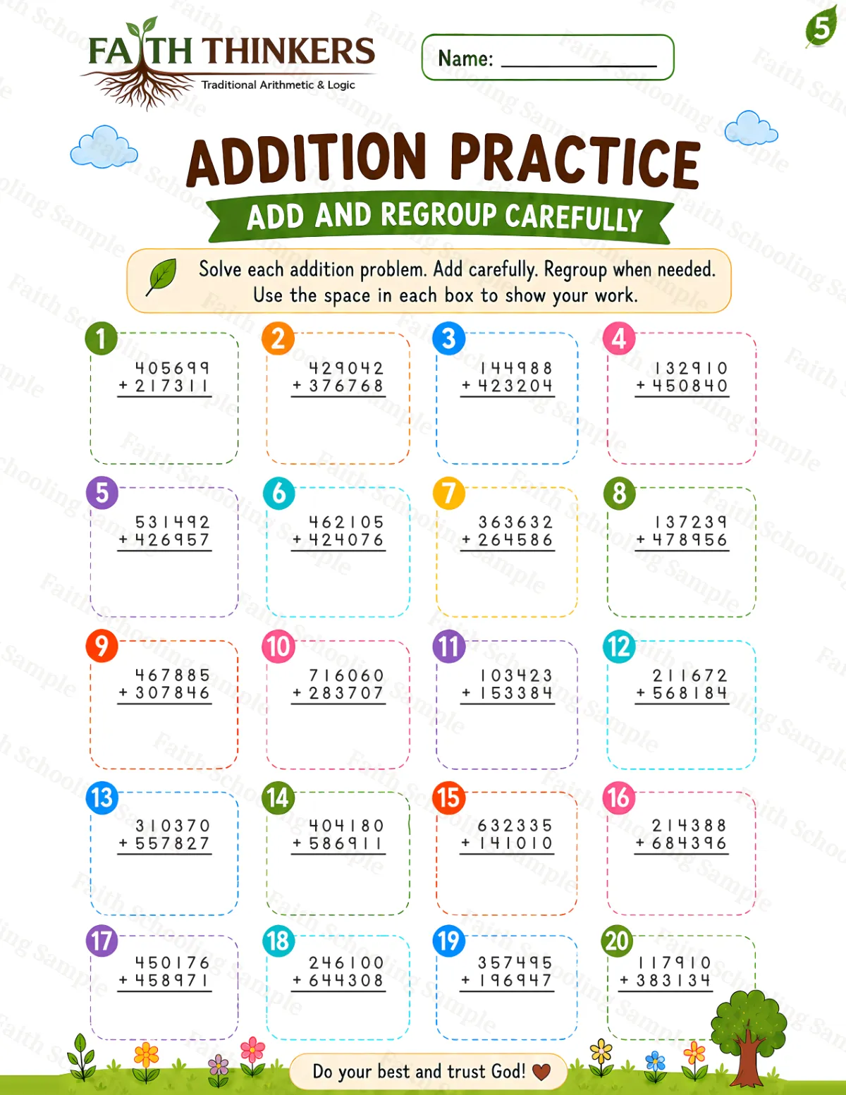 5th Grade math worksheet — Summer Addition Practice 2 (free printable)