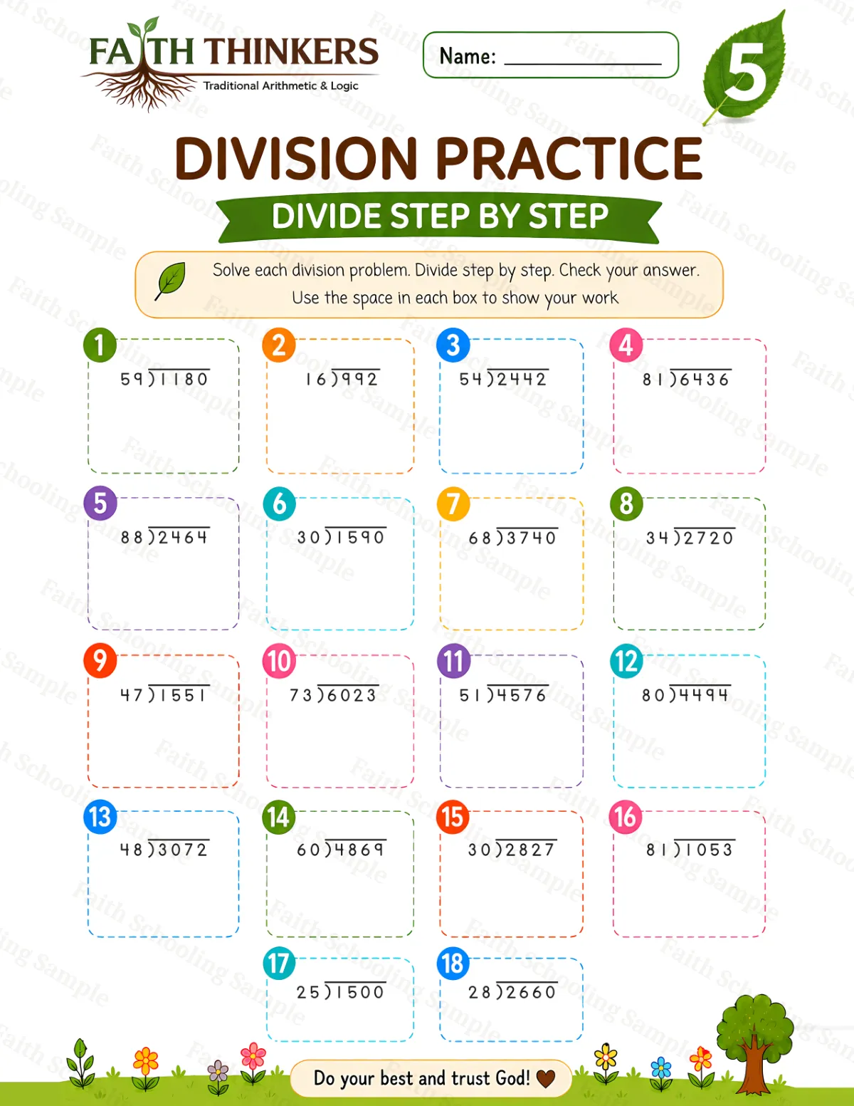 5th Grade math worksheet — Summer Division Practice 3 (free printable)
