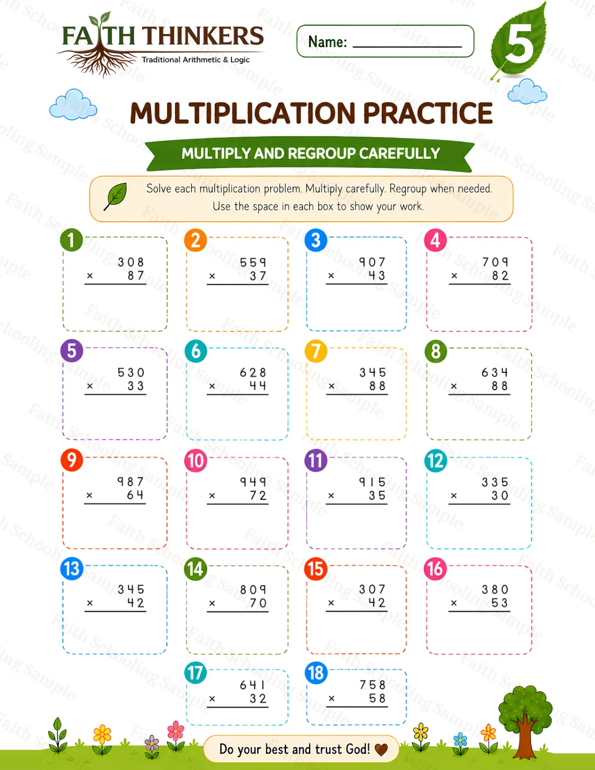 5th Grade math worksheet — Summer Multiplication Practice 3 (free printable)