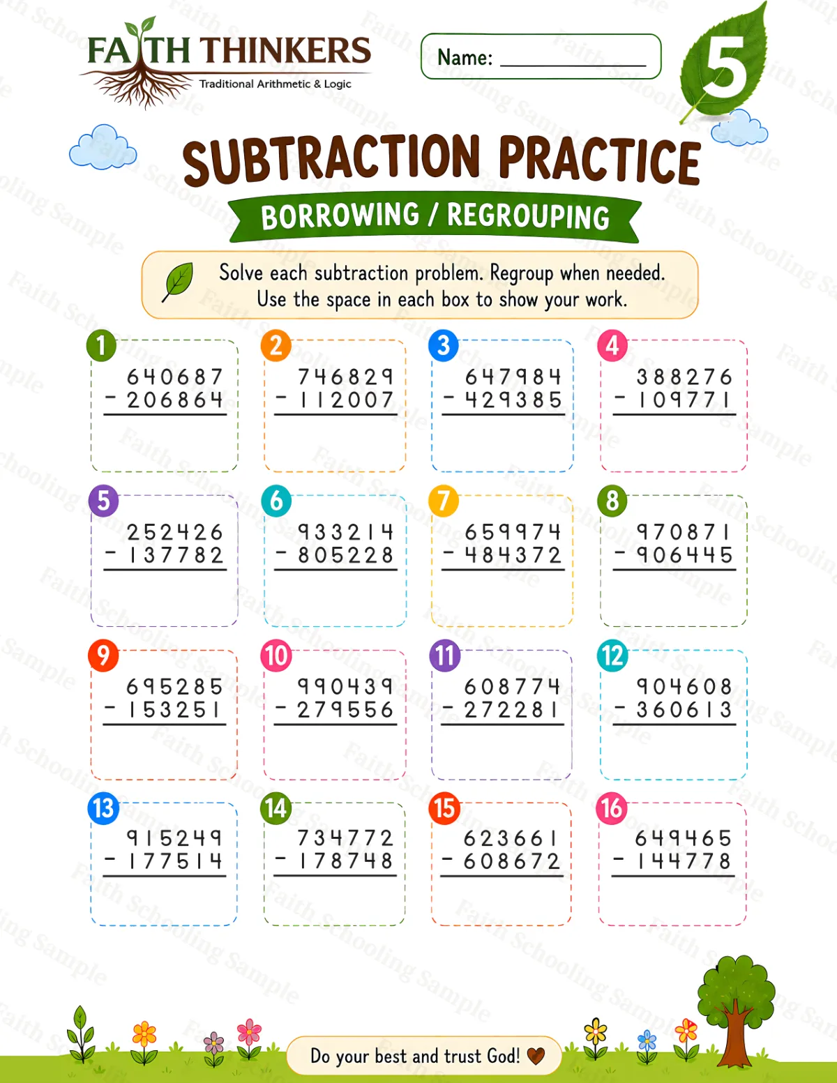 5th Grade math worksheet — Summer Subtraction Practice 2 (free printable)